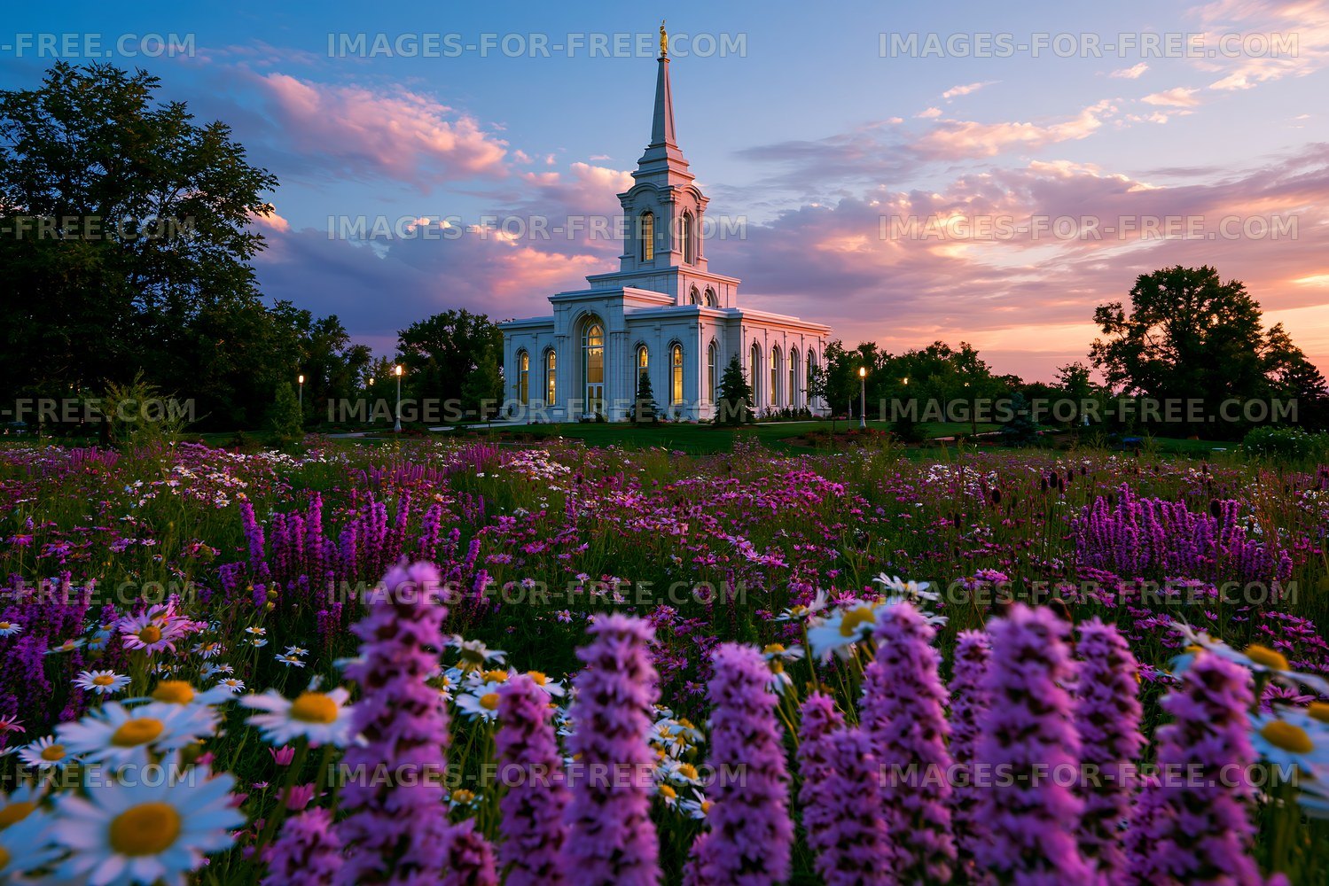 Church surrounded by flowers at sunset with clouds in the sky