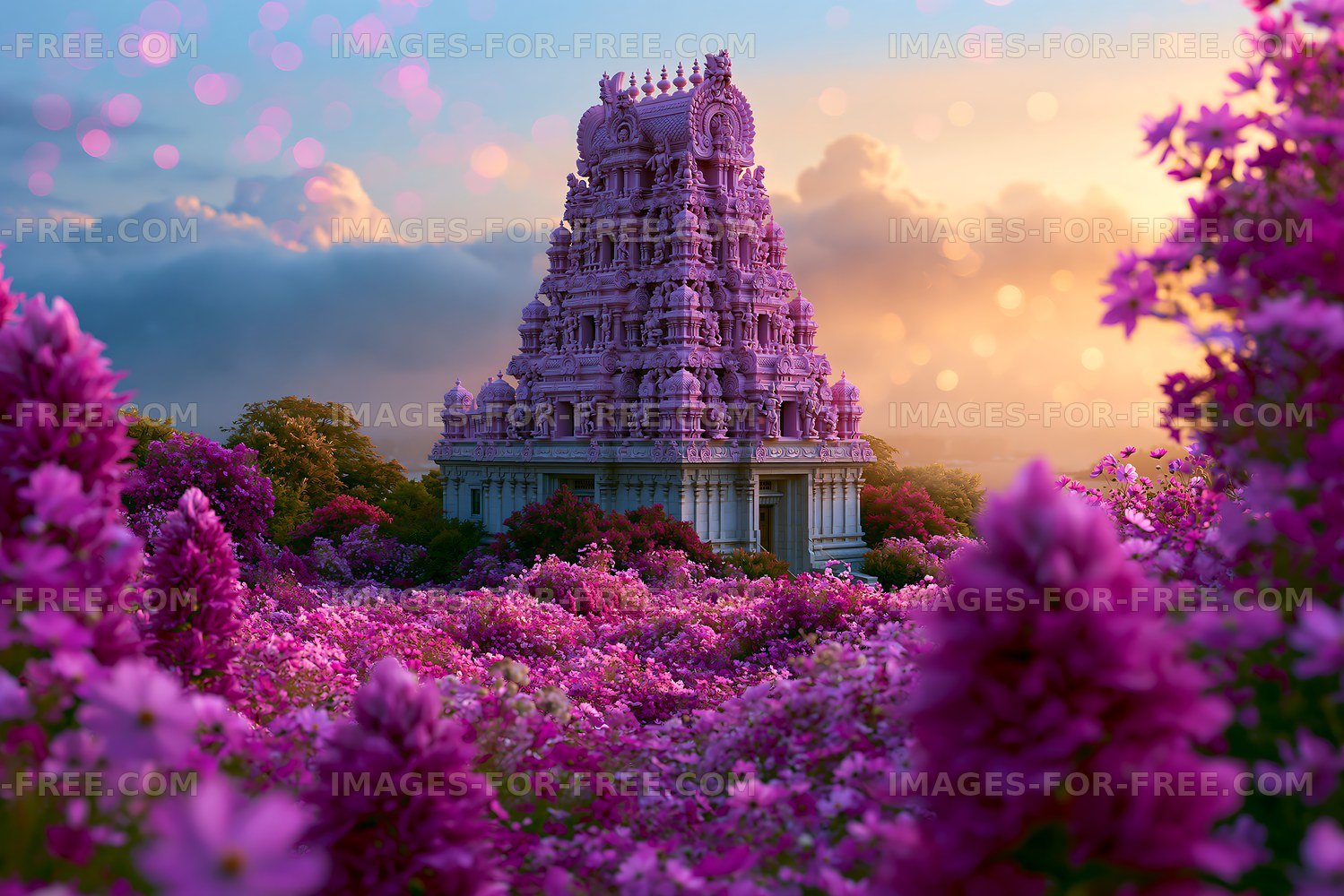Temple surrounded by purple flowers at sunset