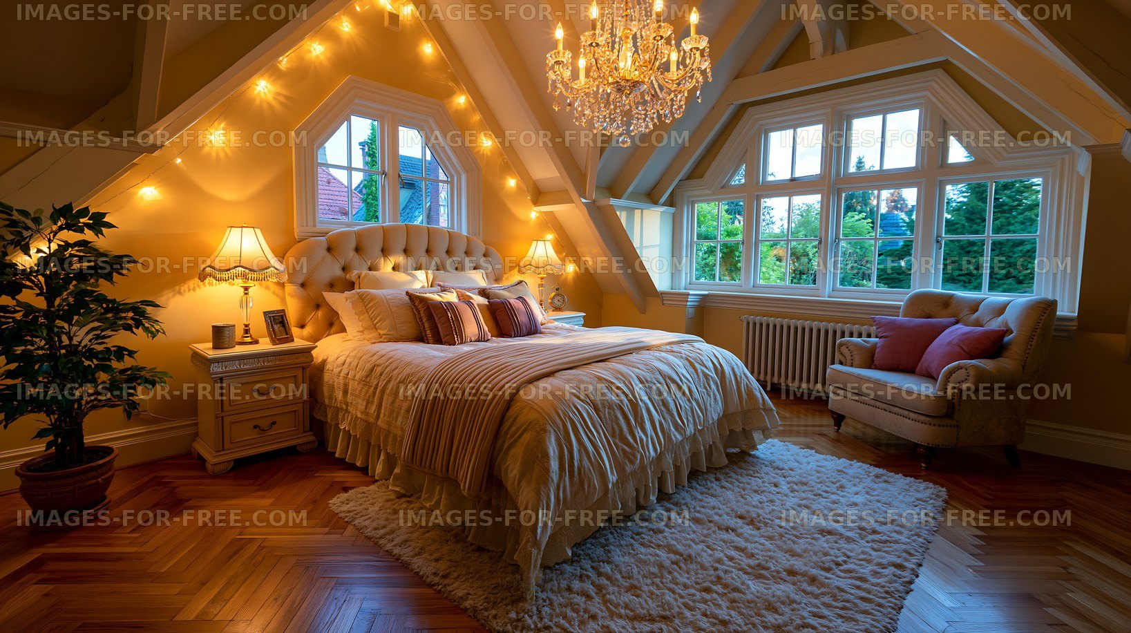 Cozy bedroom with large windows and warm lighting in a bright space