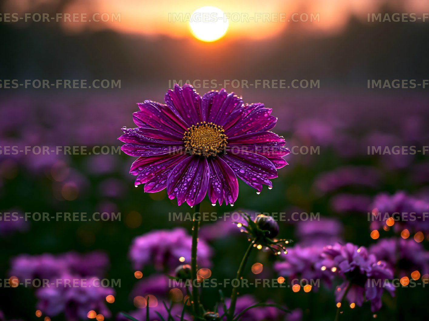 Purple flower with dew at sunrise in a field