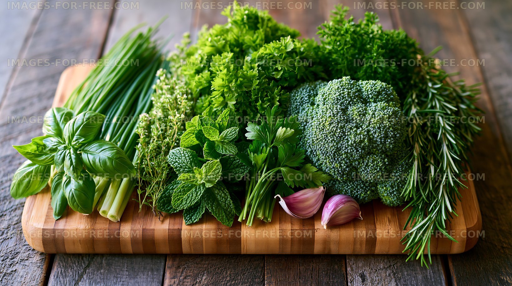 Fresh herbs and vegetables displayed on a wooden cutting board