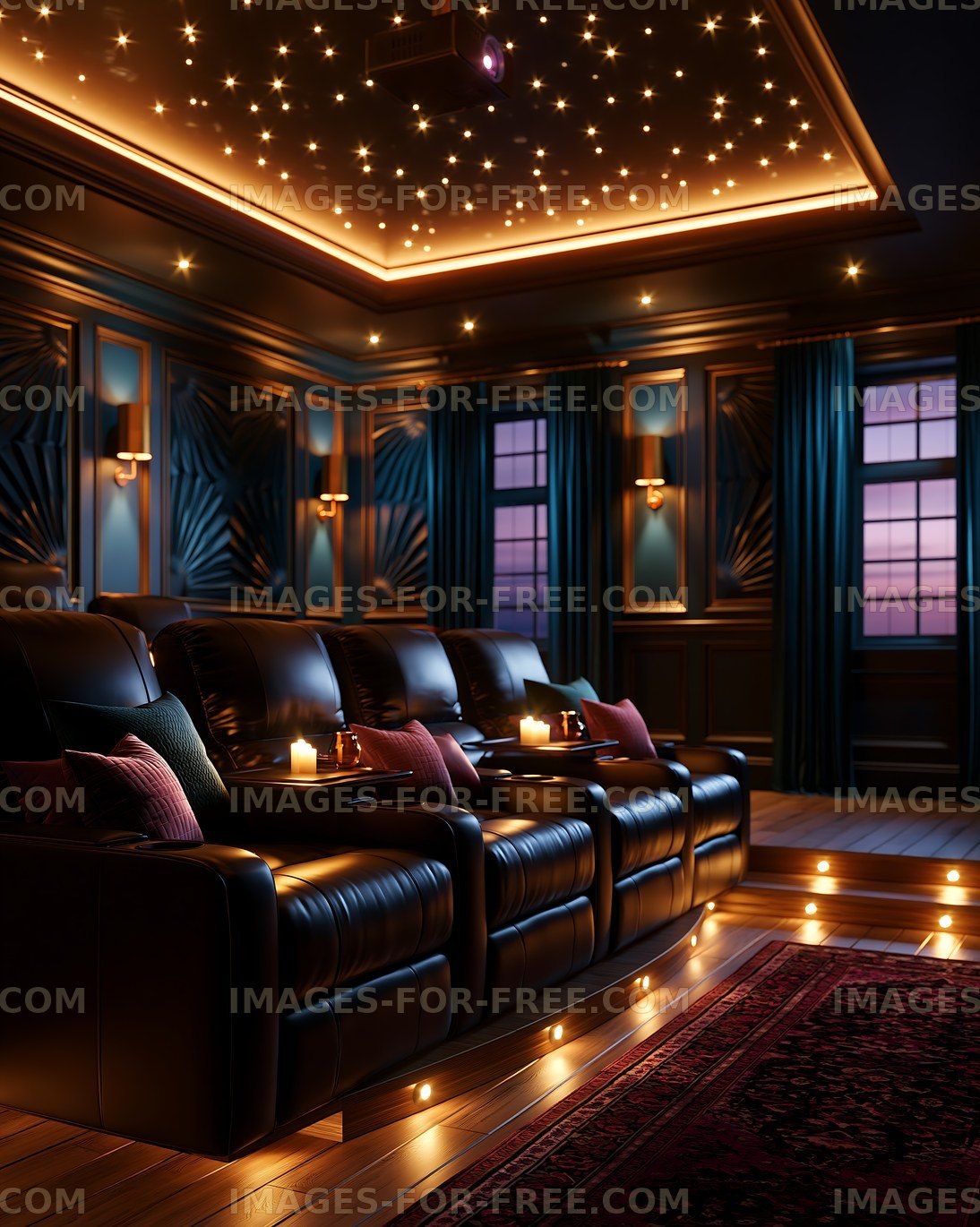 Home theater room with comfortable seating in low light