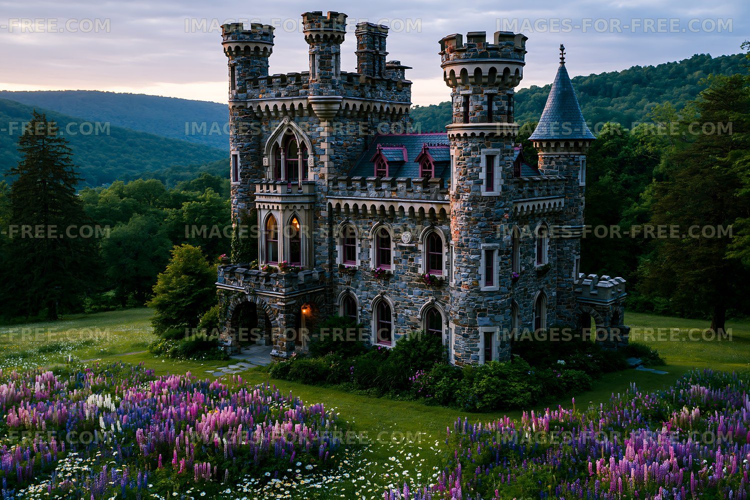 Historic castle surrounded by flowers in a green landscape