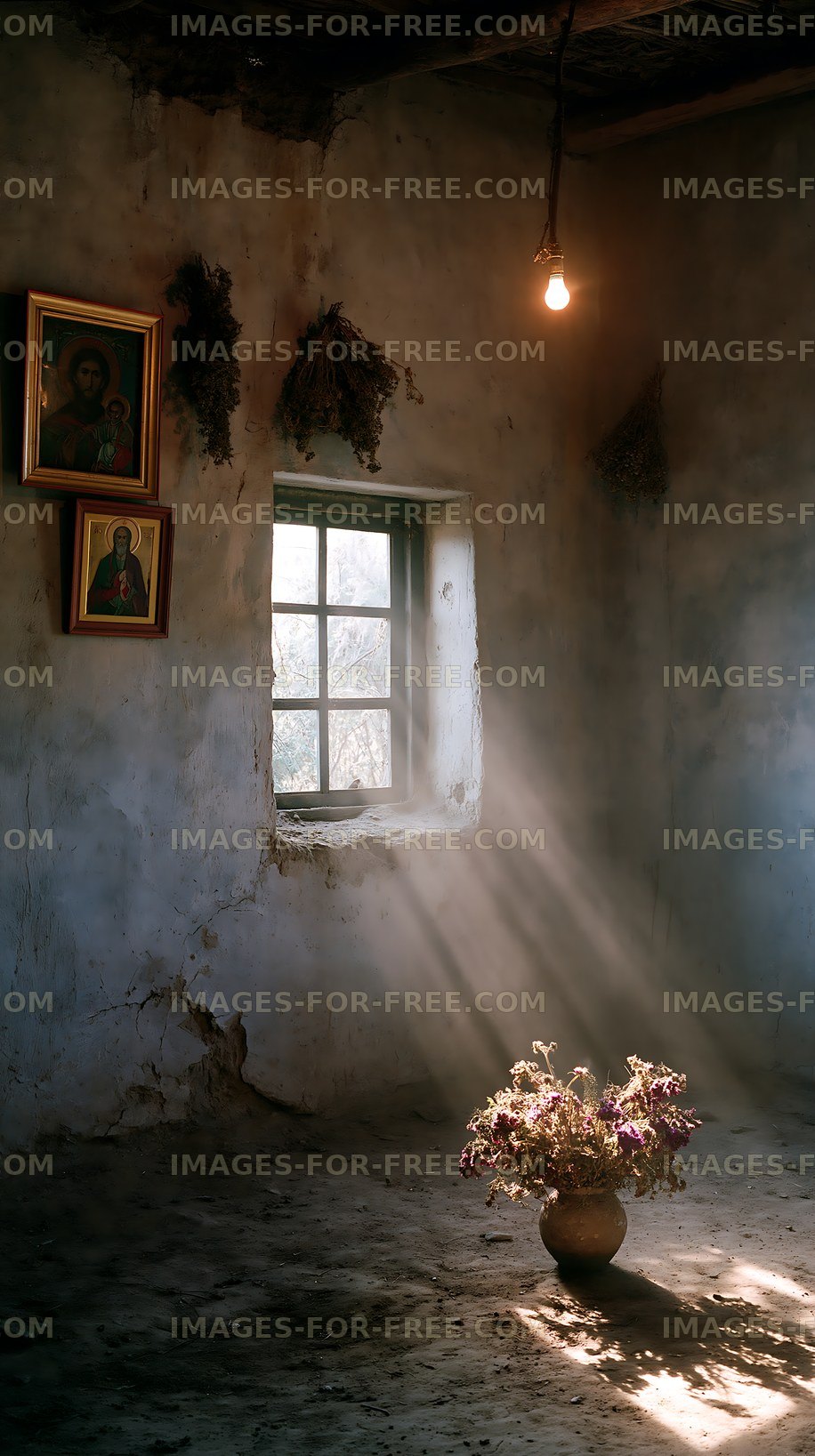 Sunlight streaming through a window in a rustic room with a vase