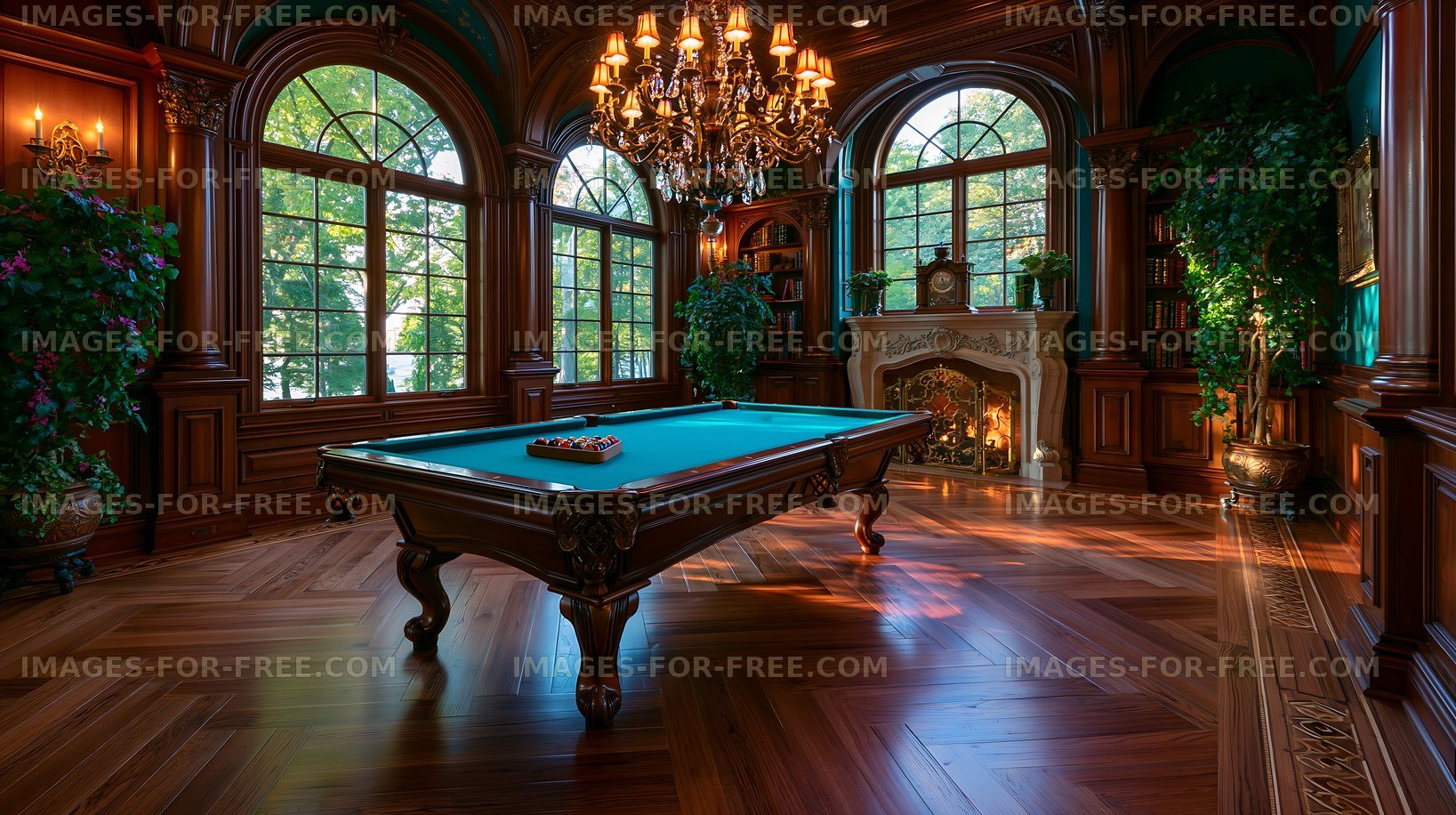 Elegant billiard room with large windows and wooden accents