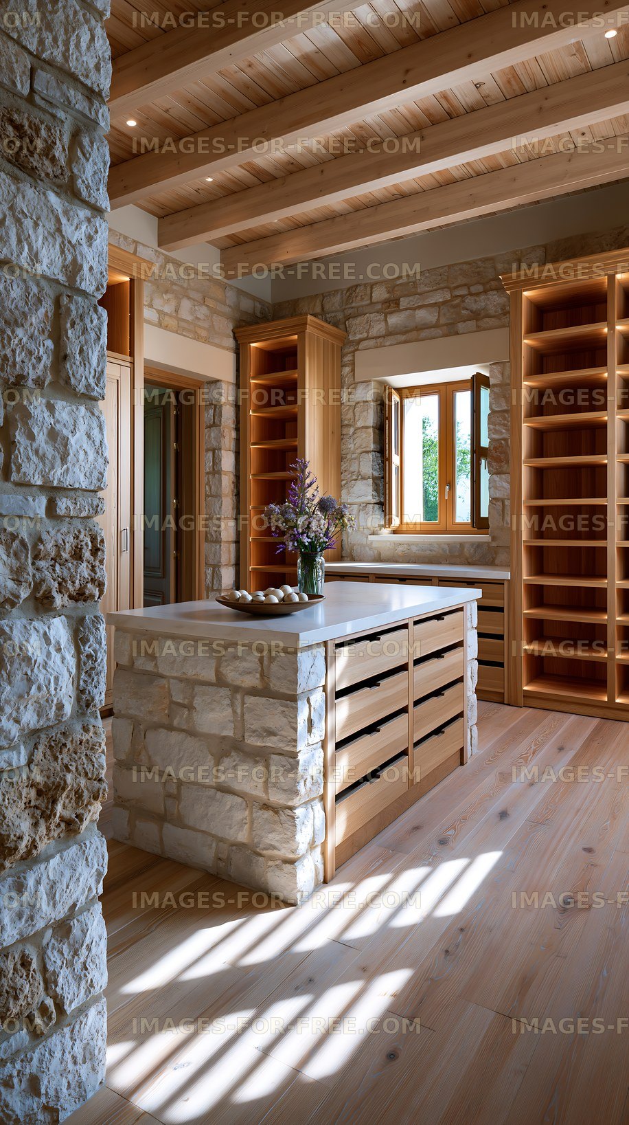 Modern kitchen with stone walls and wooden shelves
