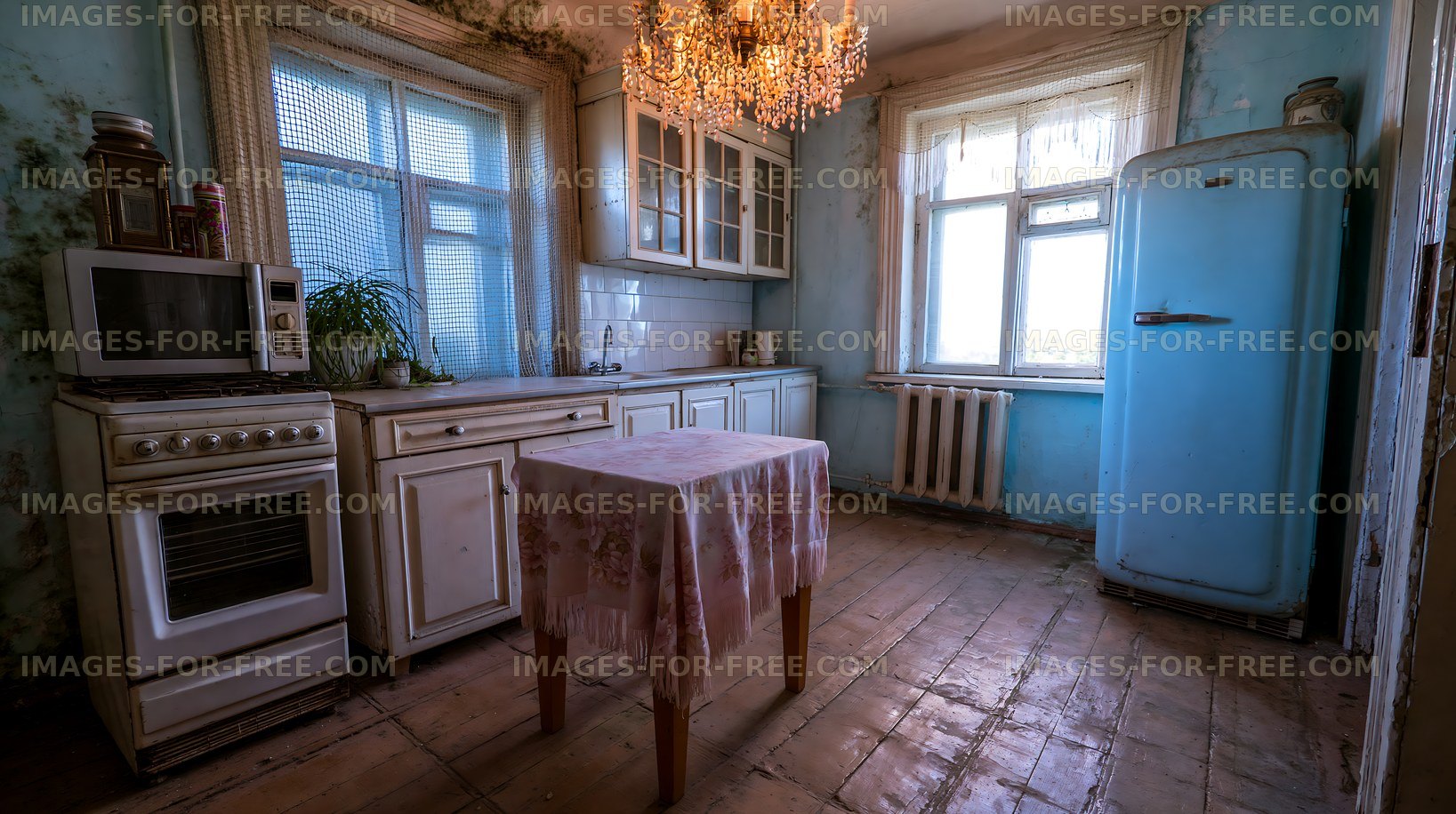 Old kitchen with blue walls and vintage appliances