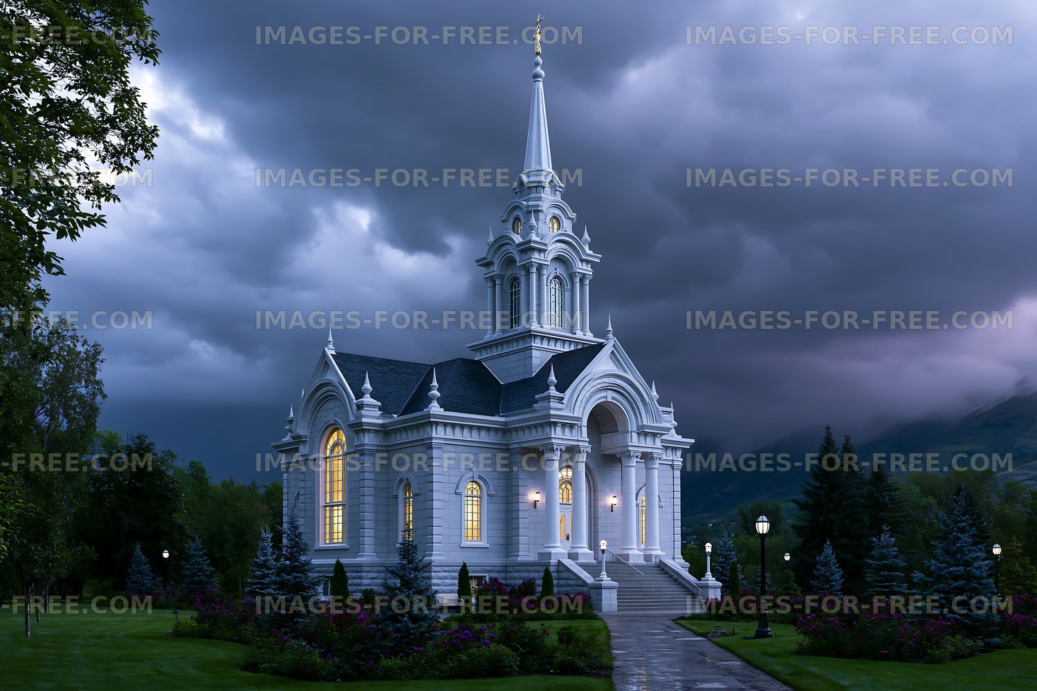 White church building under dark clouds in evening light