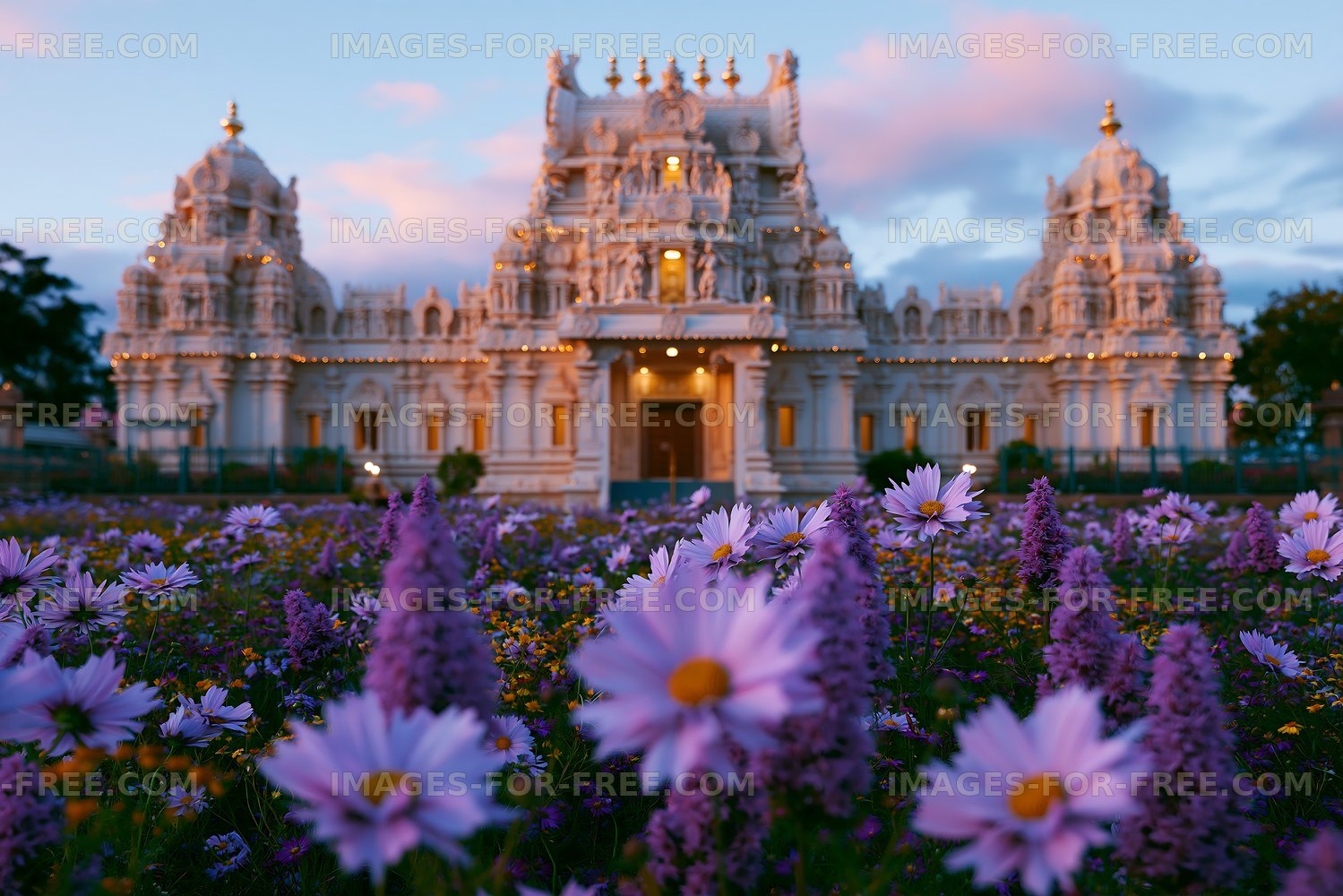Beautiful temple surrounded by blooming flowers in golden hour