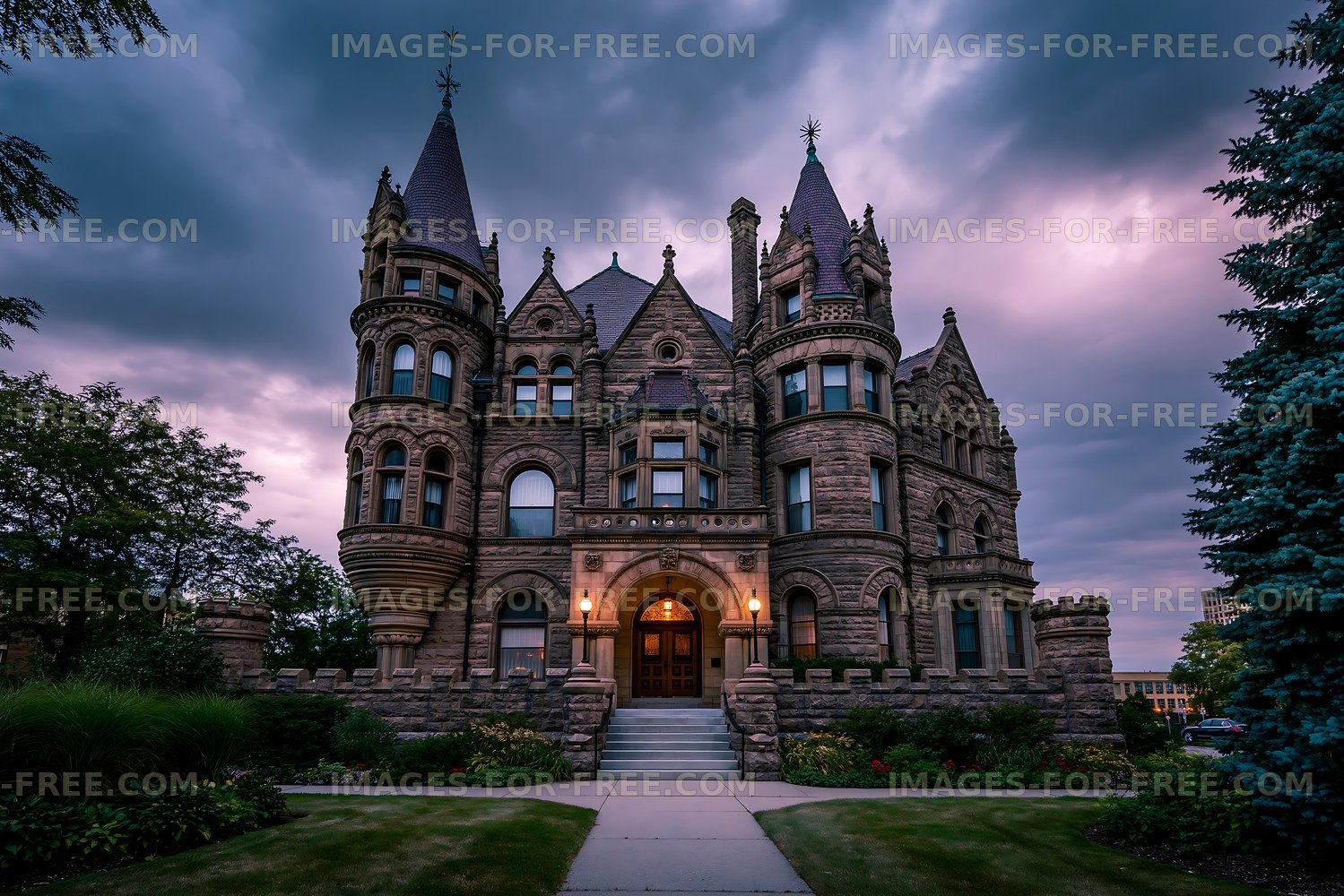 Historic mansion with unique architecture under cloudy sky