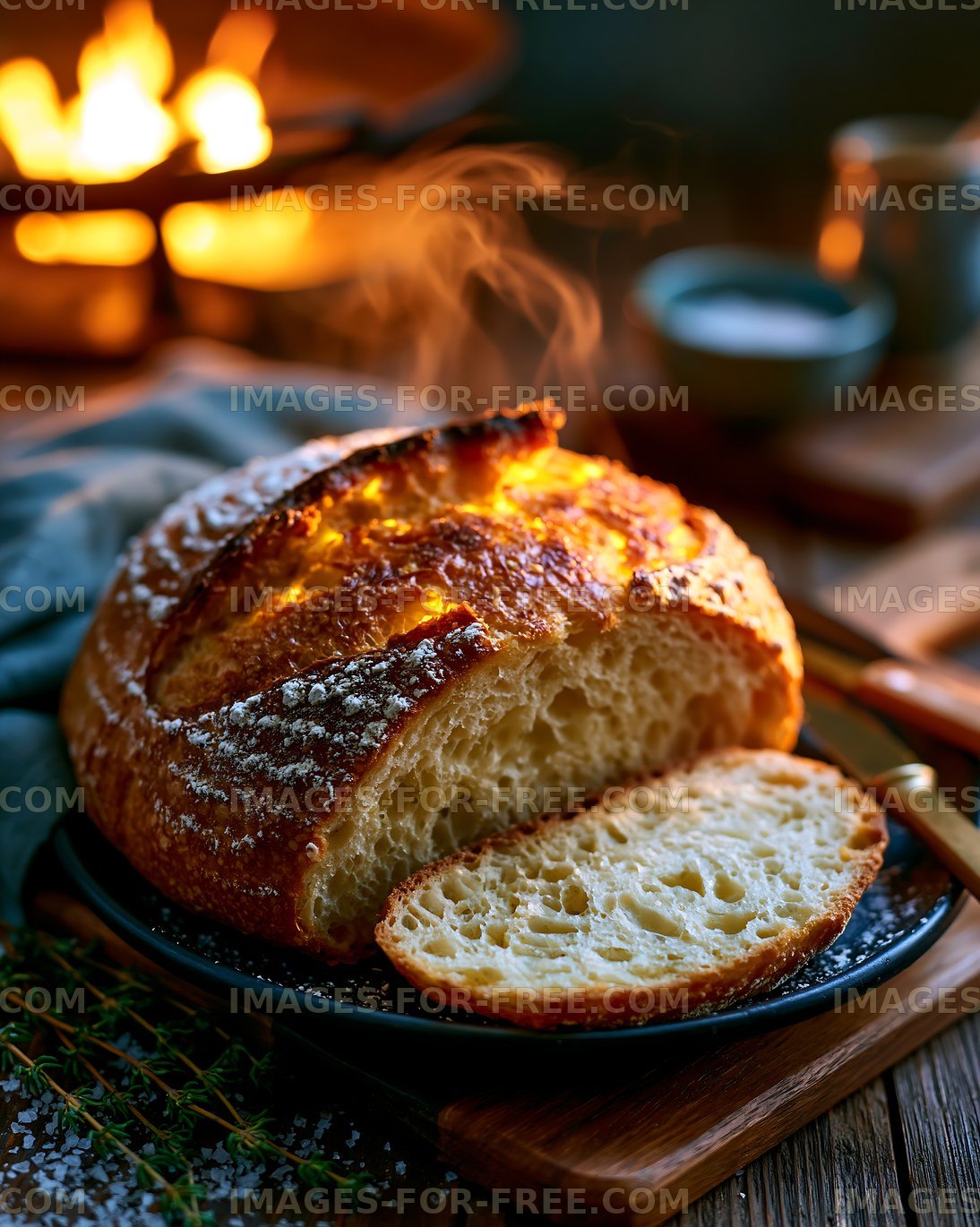 Freshly baked bread resting on a wooden table near a warm fire