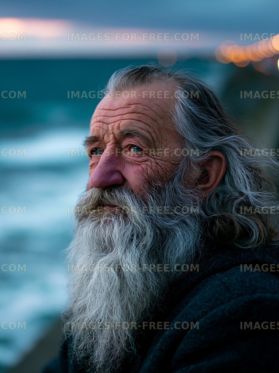 Old man with gray beard by the ocean at sunset