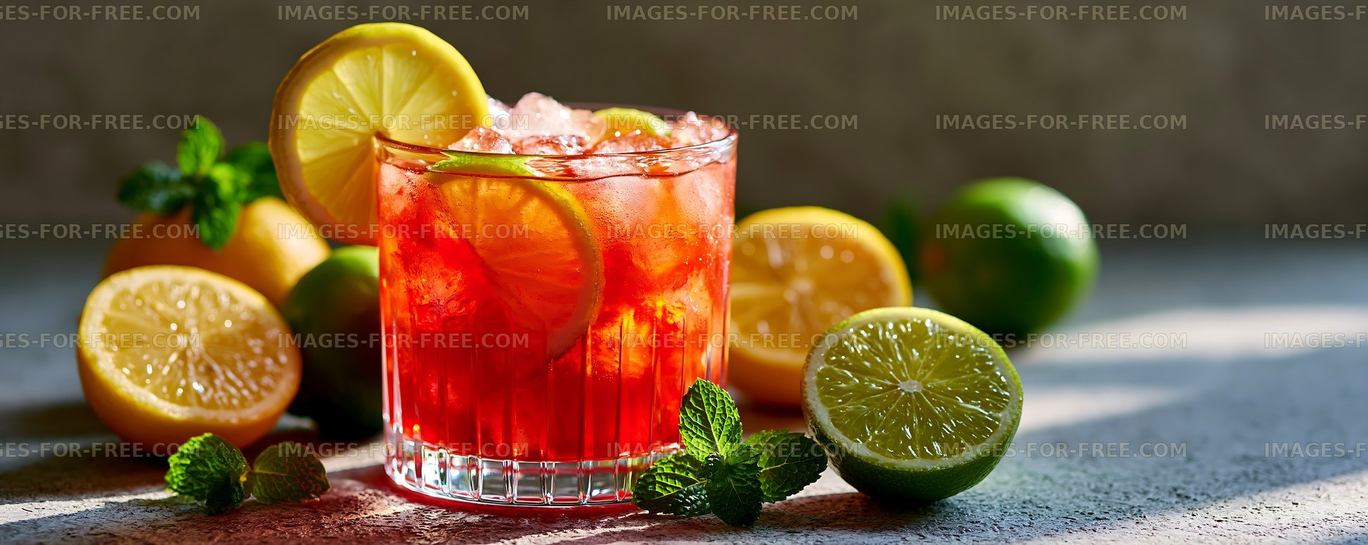 Fresh cocktail with citrus slices and mint on a table