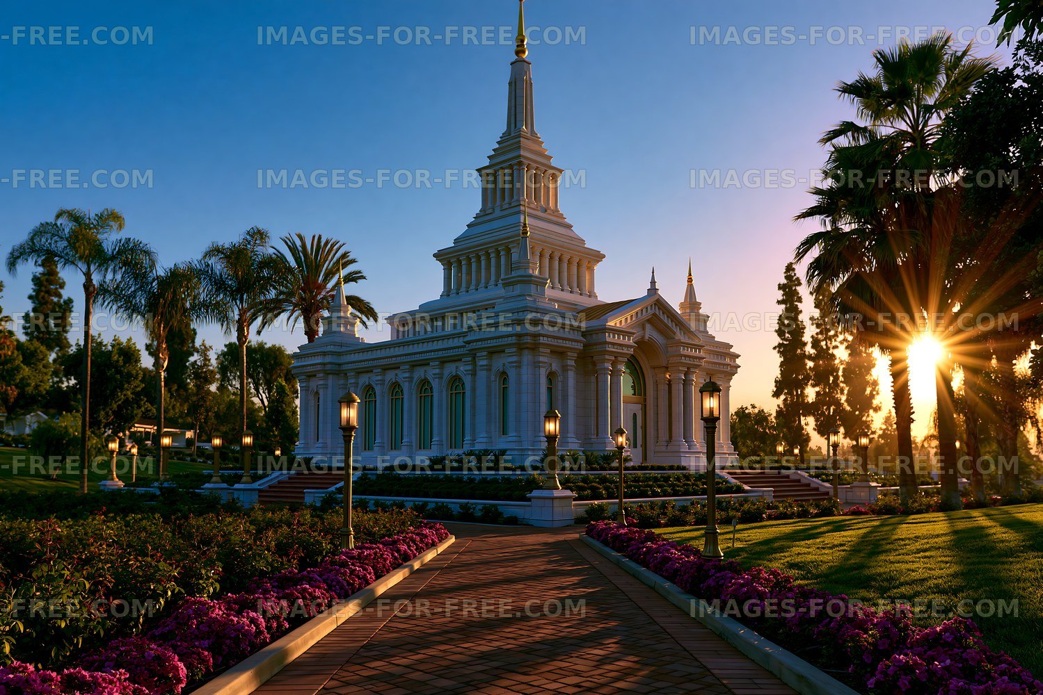 Beautiful building with sunset and flowers in a park