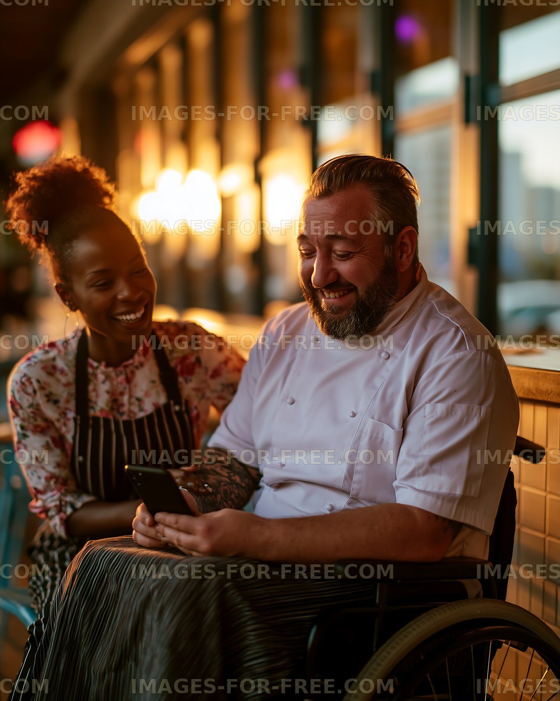 Chefs enjoying conversation and laughter in a vibrant kitchen