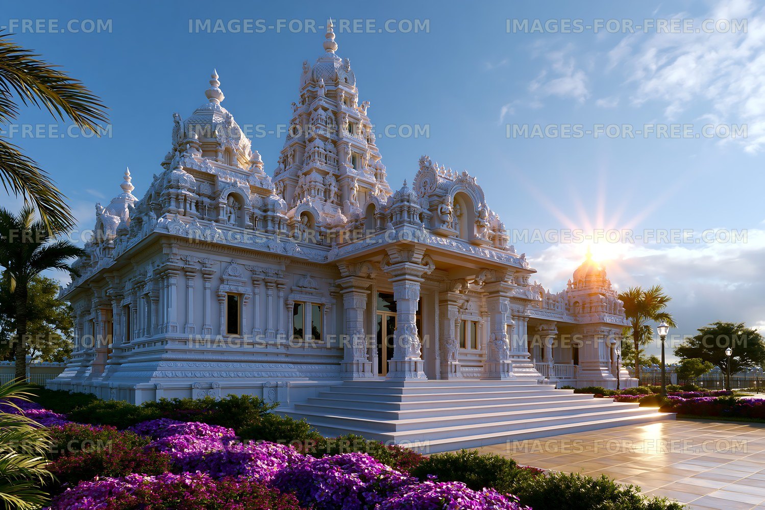 Sunset behind a white temple and purple flowers