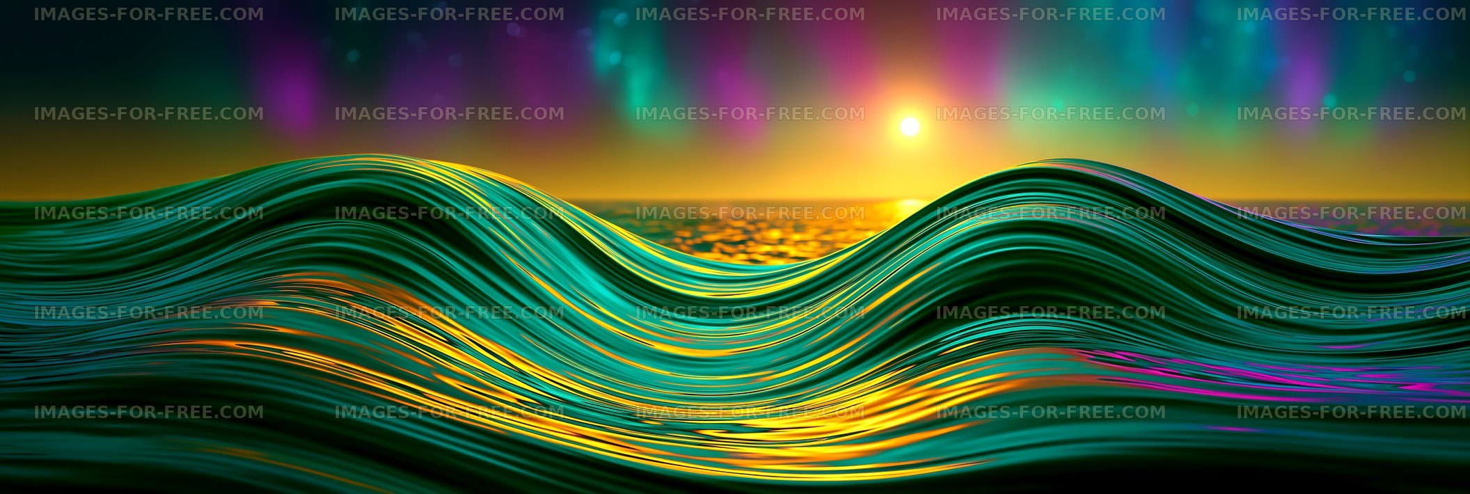 Colorful waves under the sunset and aurora in the ocean