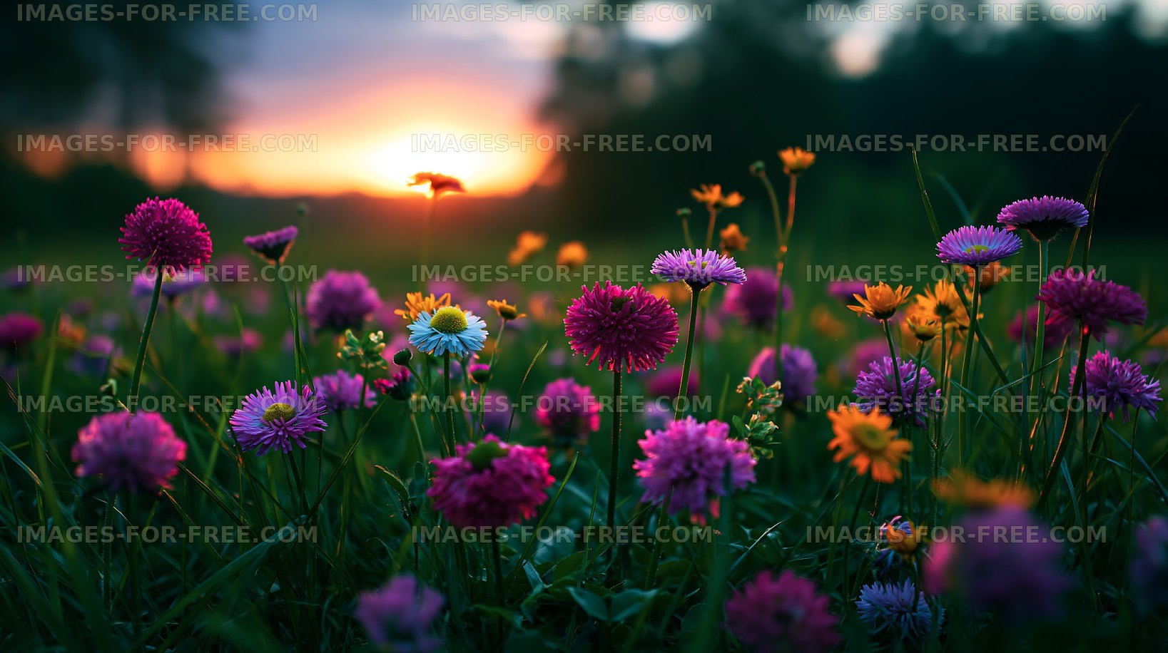 Colorful flowers in a field during sunset