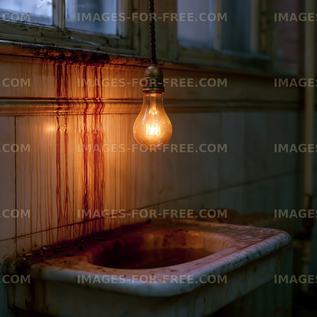 Light bulb hangs over a dirty sink with red stains on the wall