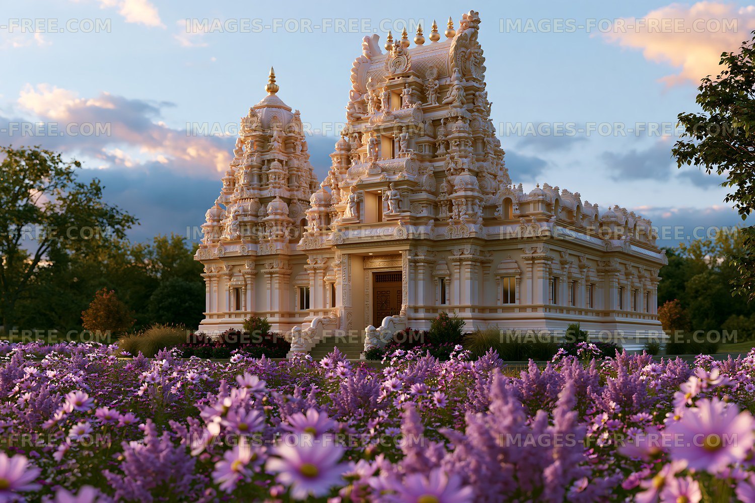 Beautiful temple surrounded by purple flowers at sunset