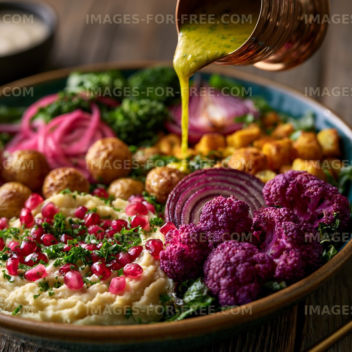 Colorful bowl of healthy food with dressing poured on top