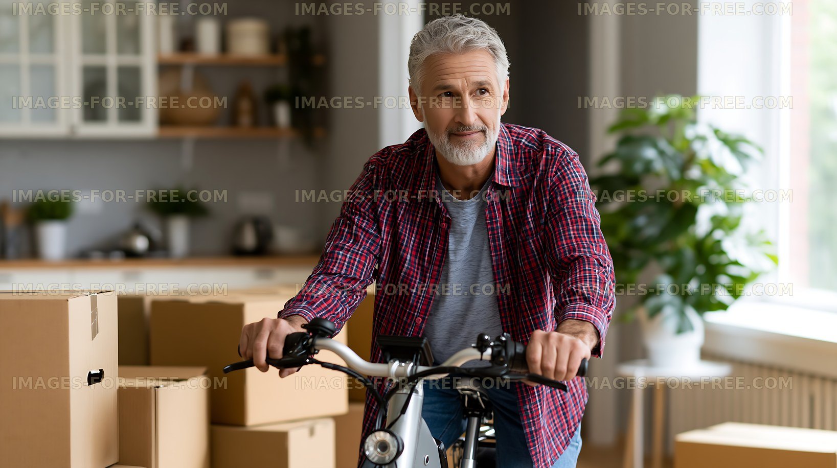 Man rides bicycle in new home with moving boxes around him