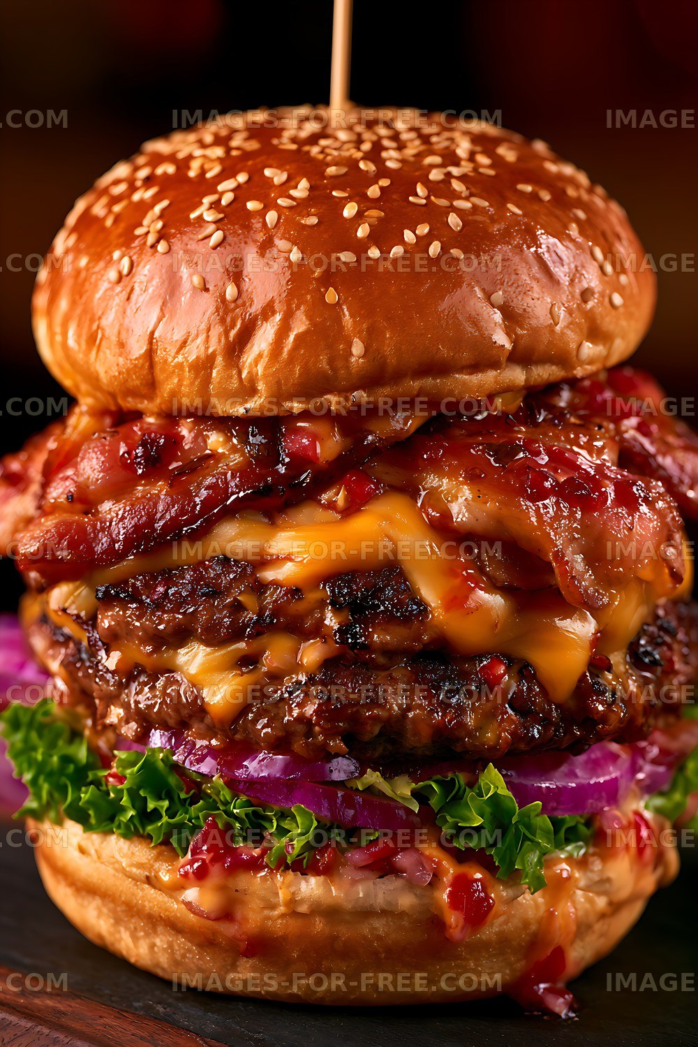 Bacon burger with layers of cheese and vegetables on a wooden board
