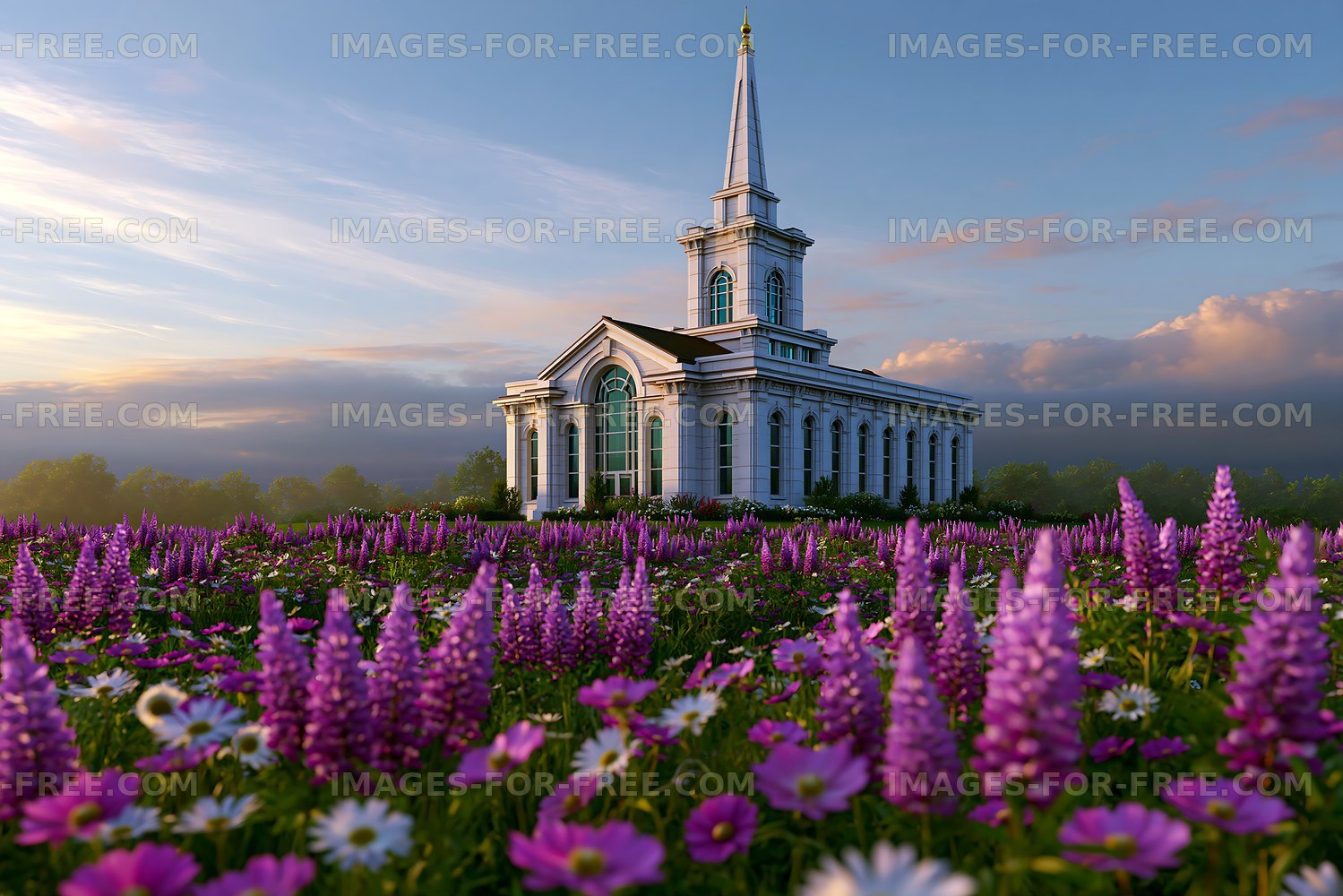 Church surrounded by flowers at sunset