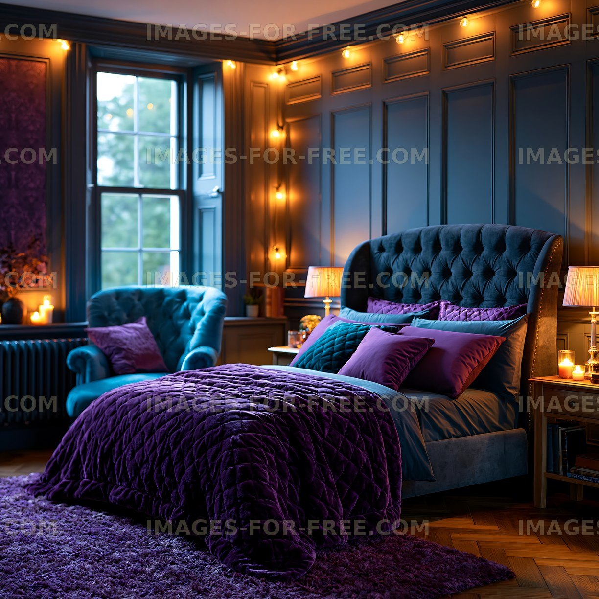 Cozy bedroom with blue and purple decor and warm lighting