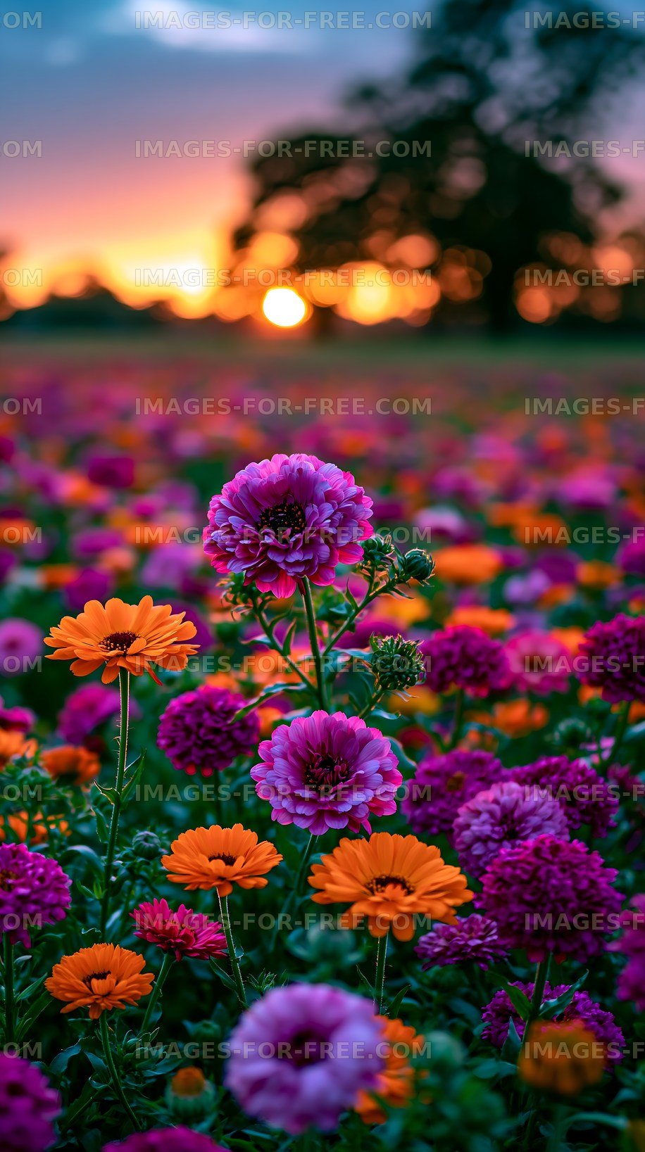 Vibrant flowers blooming in a field at sunset