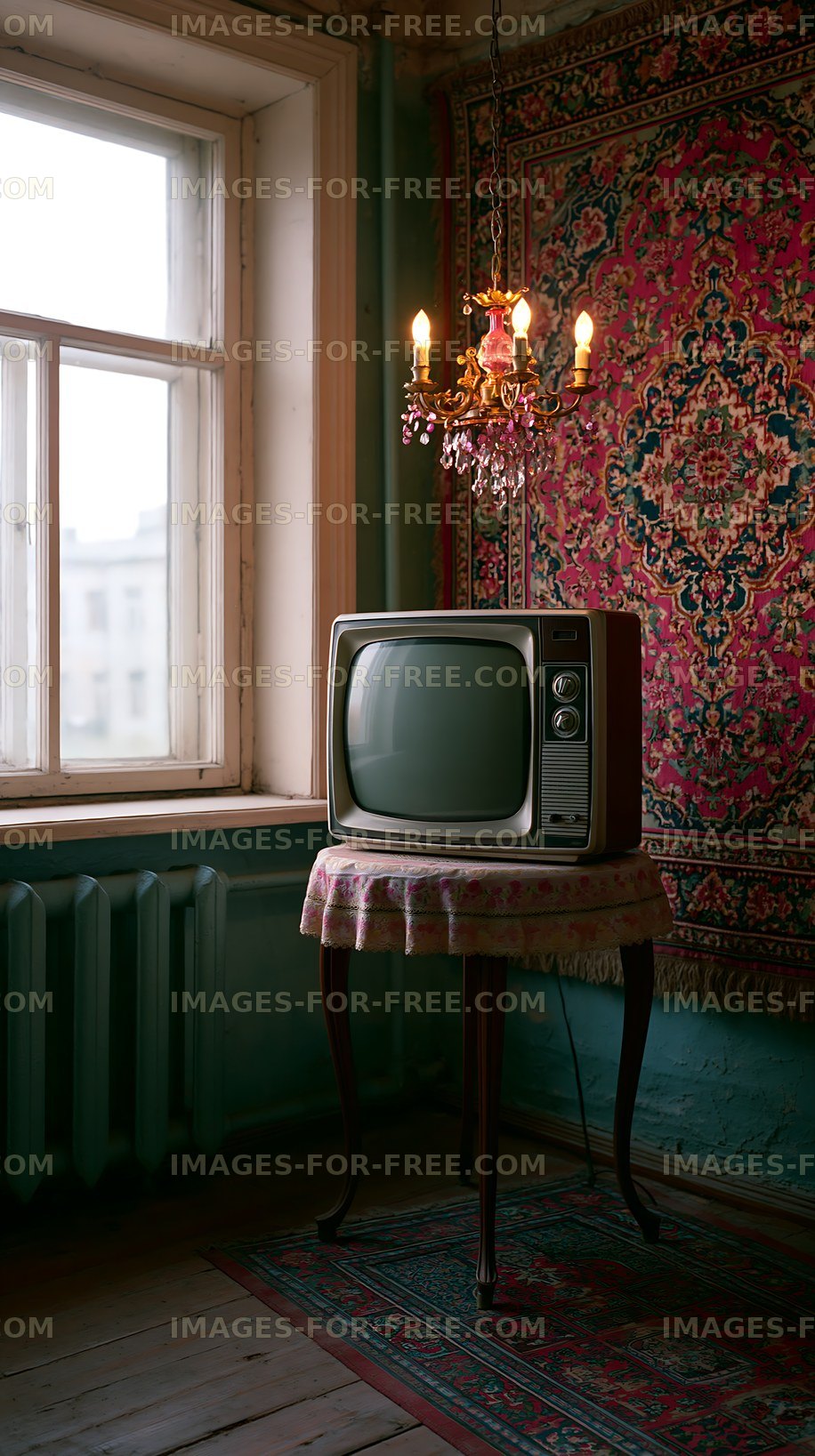 Old television in a vintage room with a chandelier and patterned walls