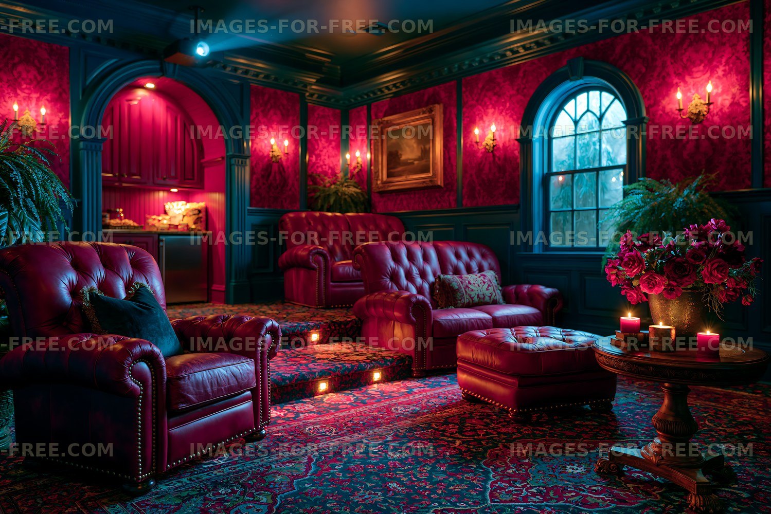 Cozy lounge area with red decor and soft seating at night