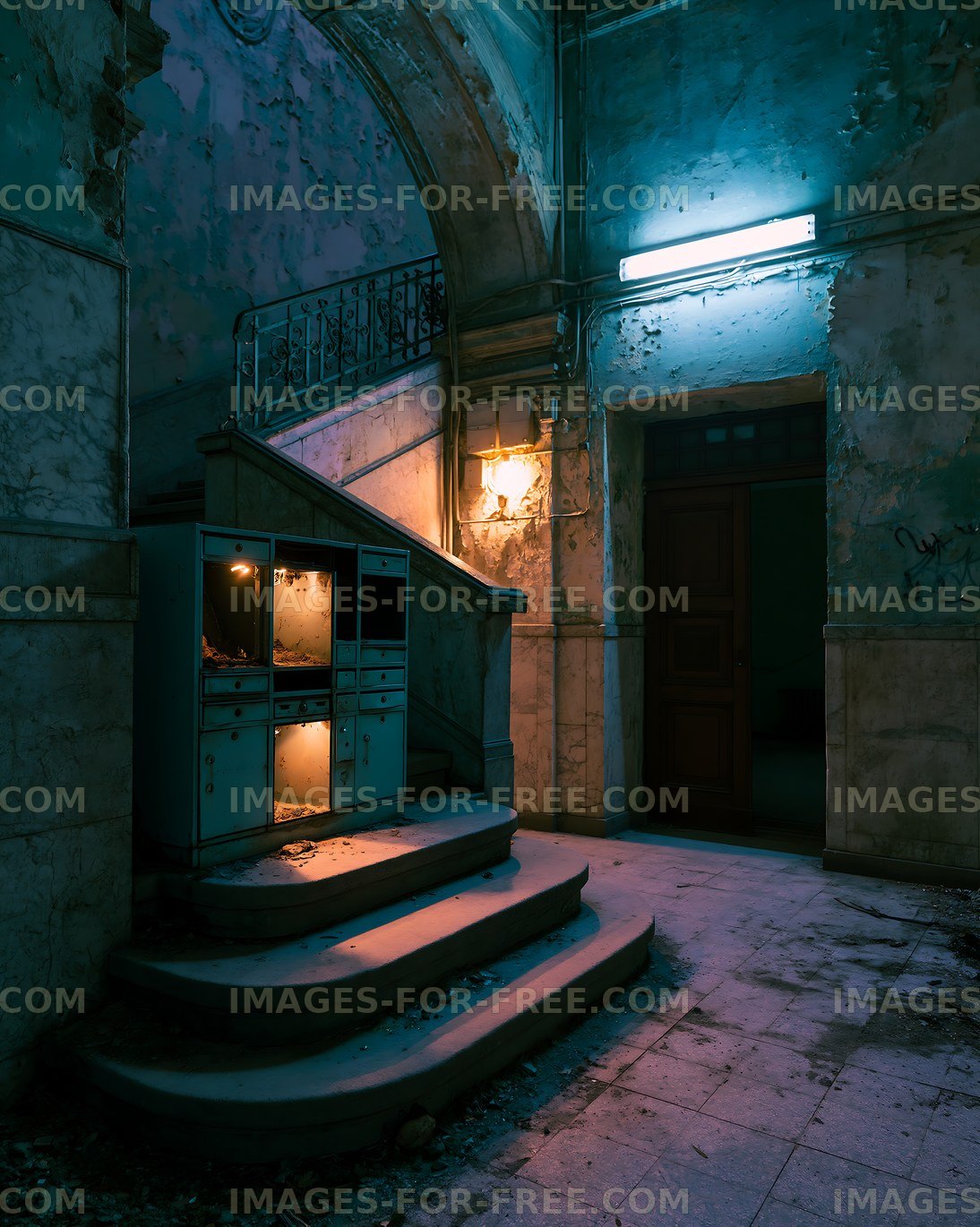 Old staircase in abandoned building with empty mailboxes