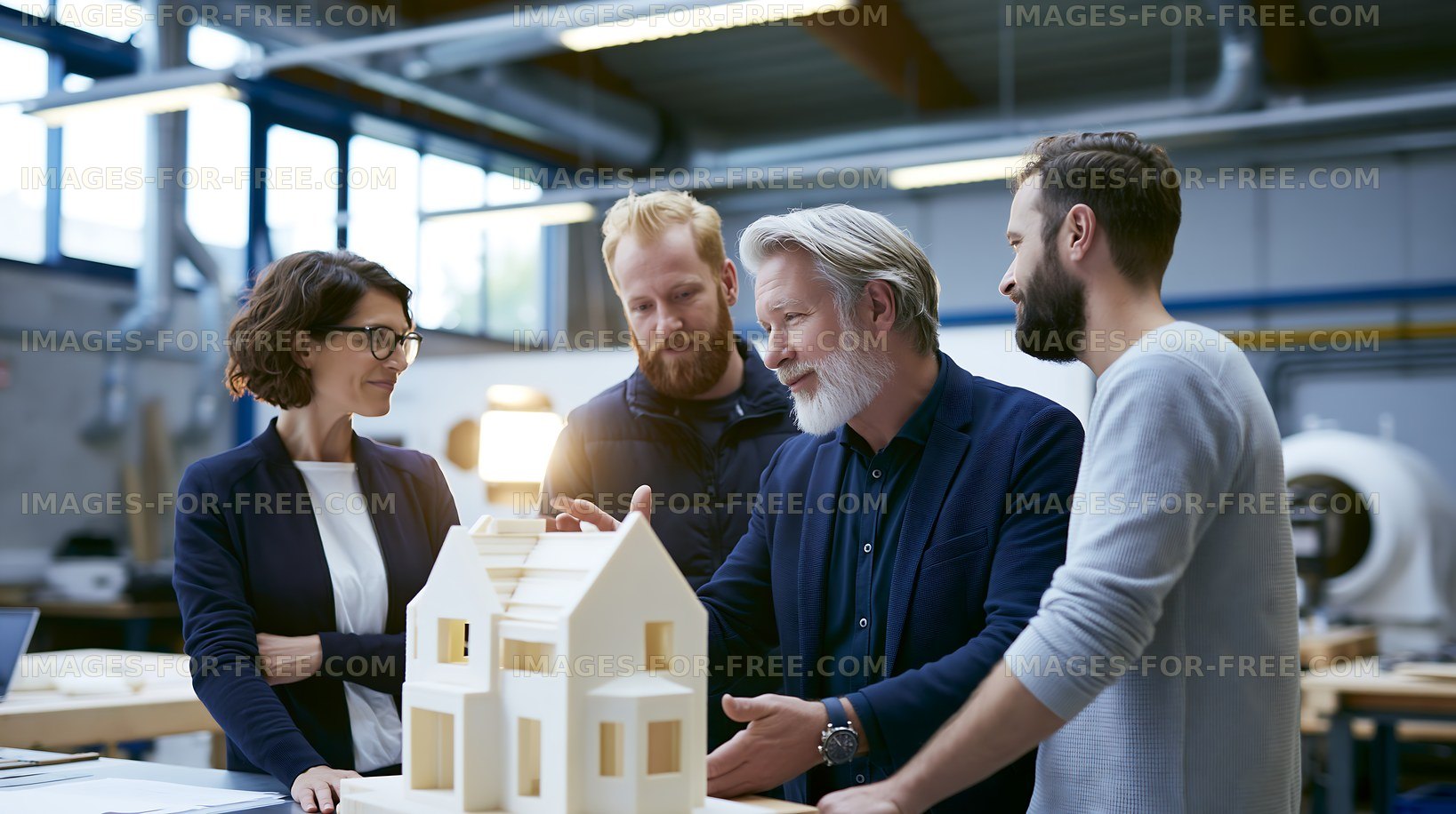 Team discusses design plans for a wooden house model in workshop
