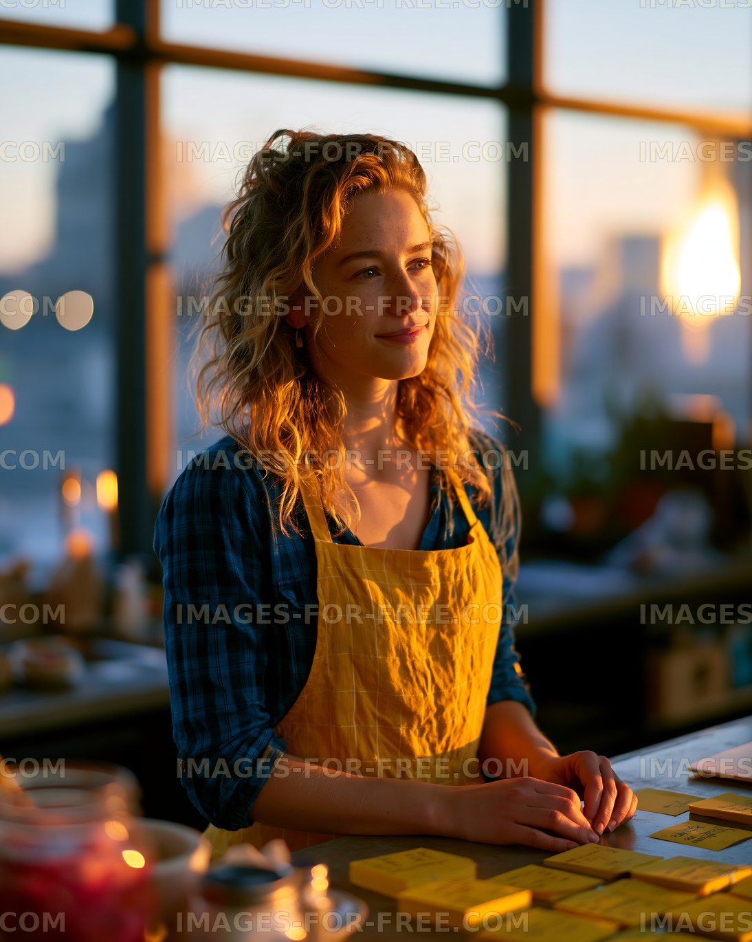 Woman in yellow apron at a workspace during sunset