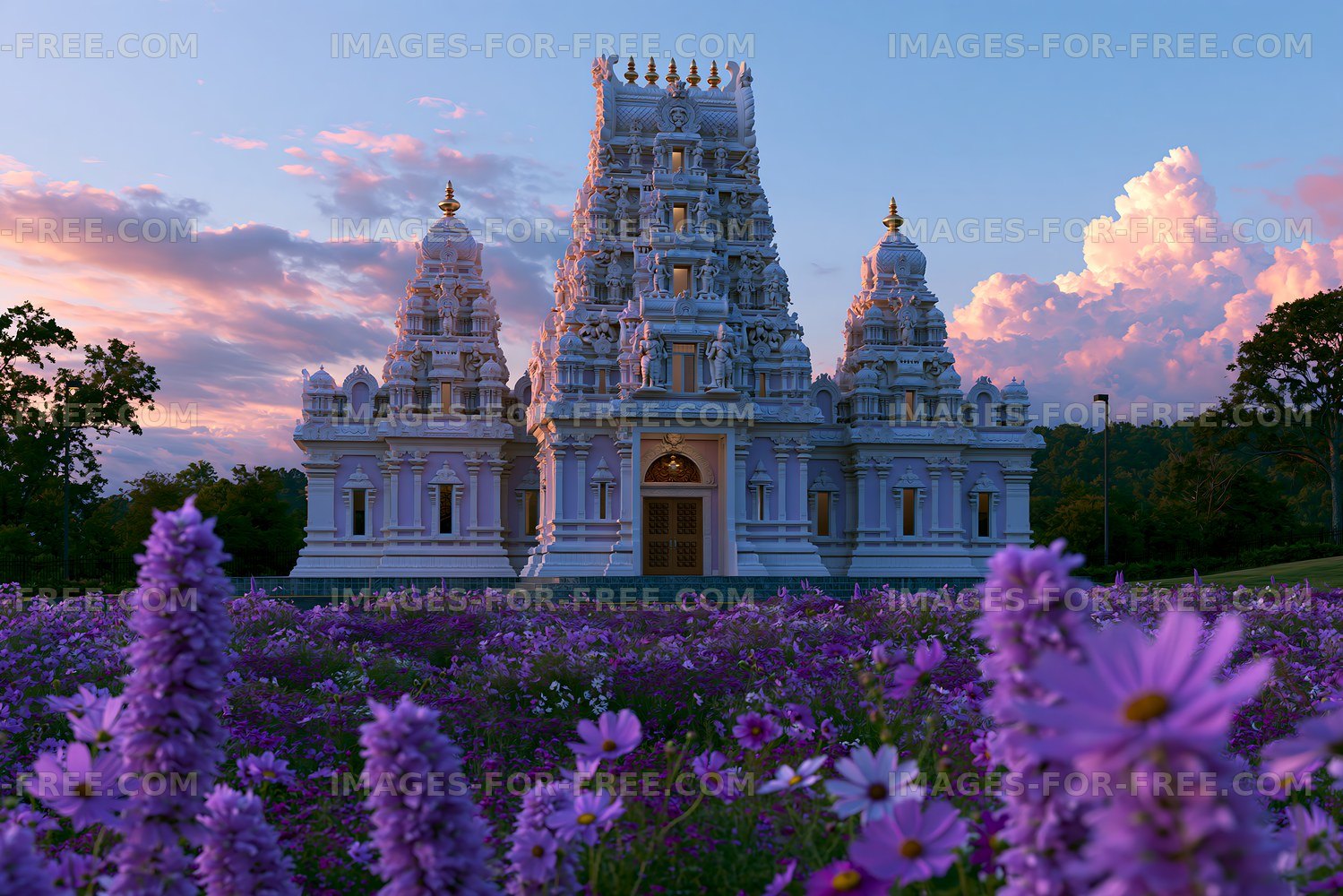 Temple surrounded by flowers at sunset in a serene landscape