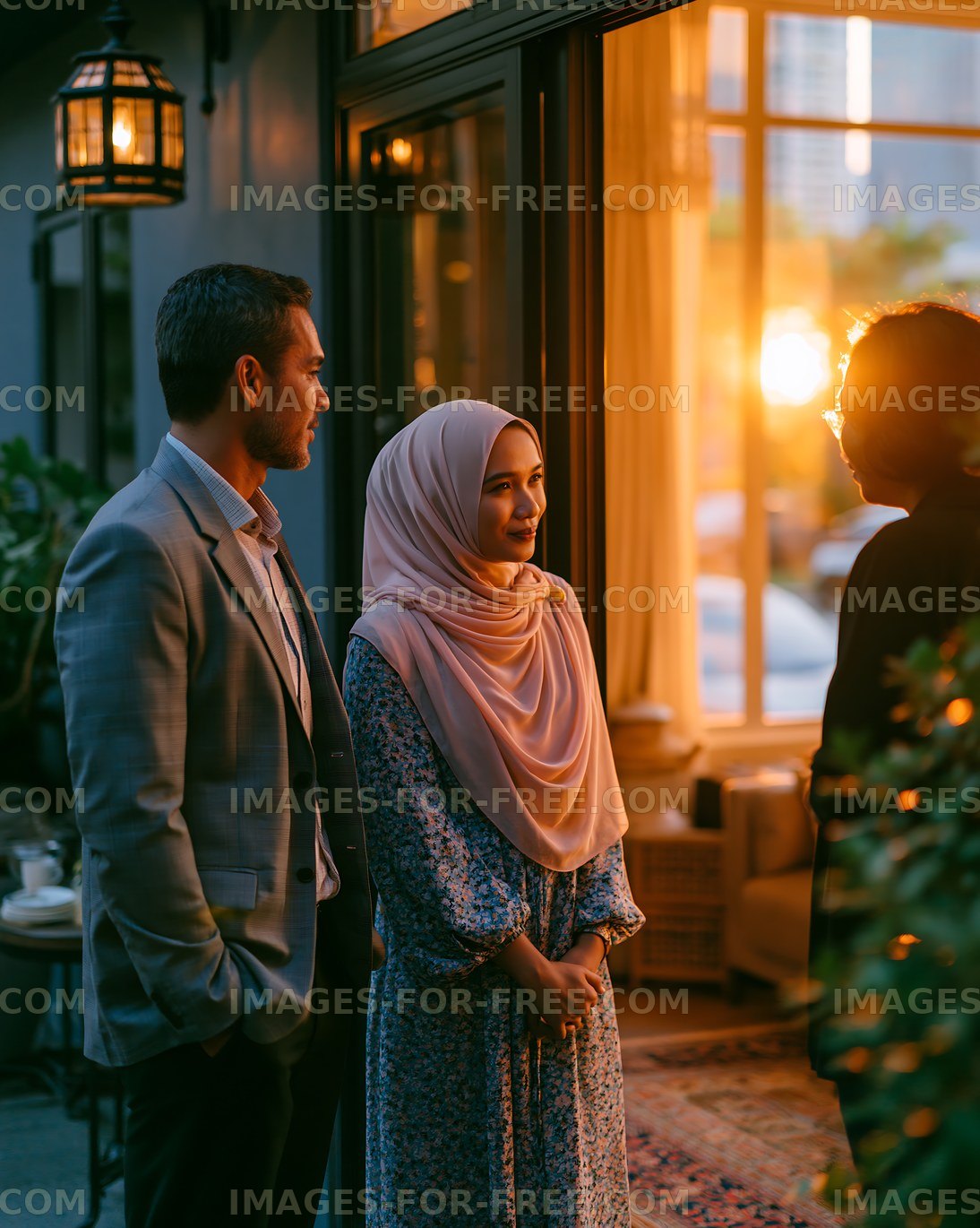 People talking during sunset by a cafe with warm light