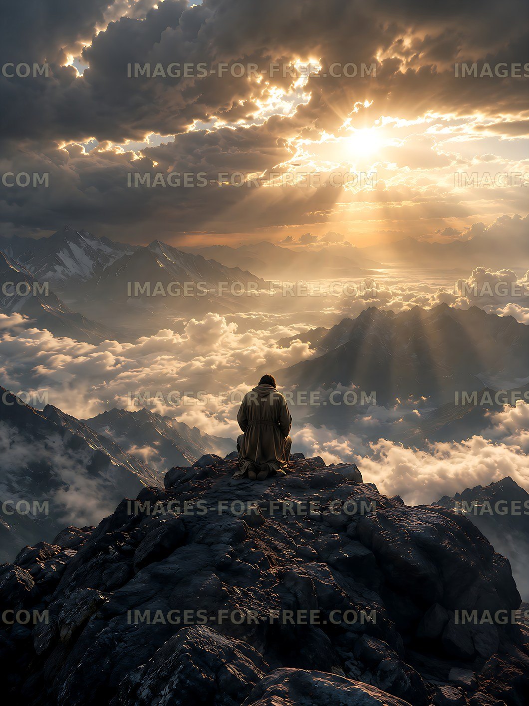 Sunrise over mountains with a person sitting on a rocky peak