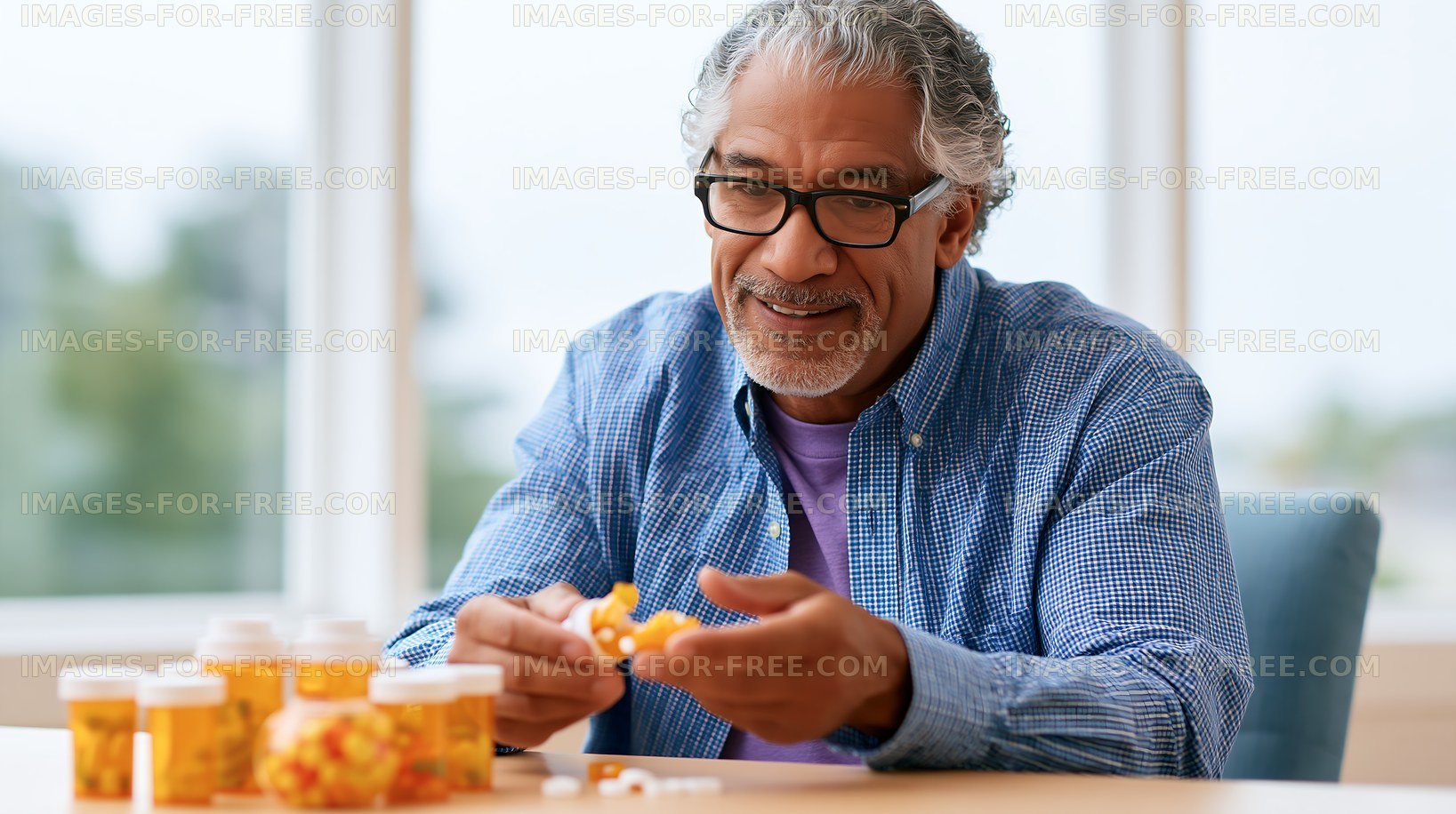 Elderly man organizing medication in a bright indoor space