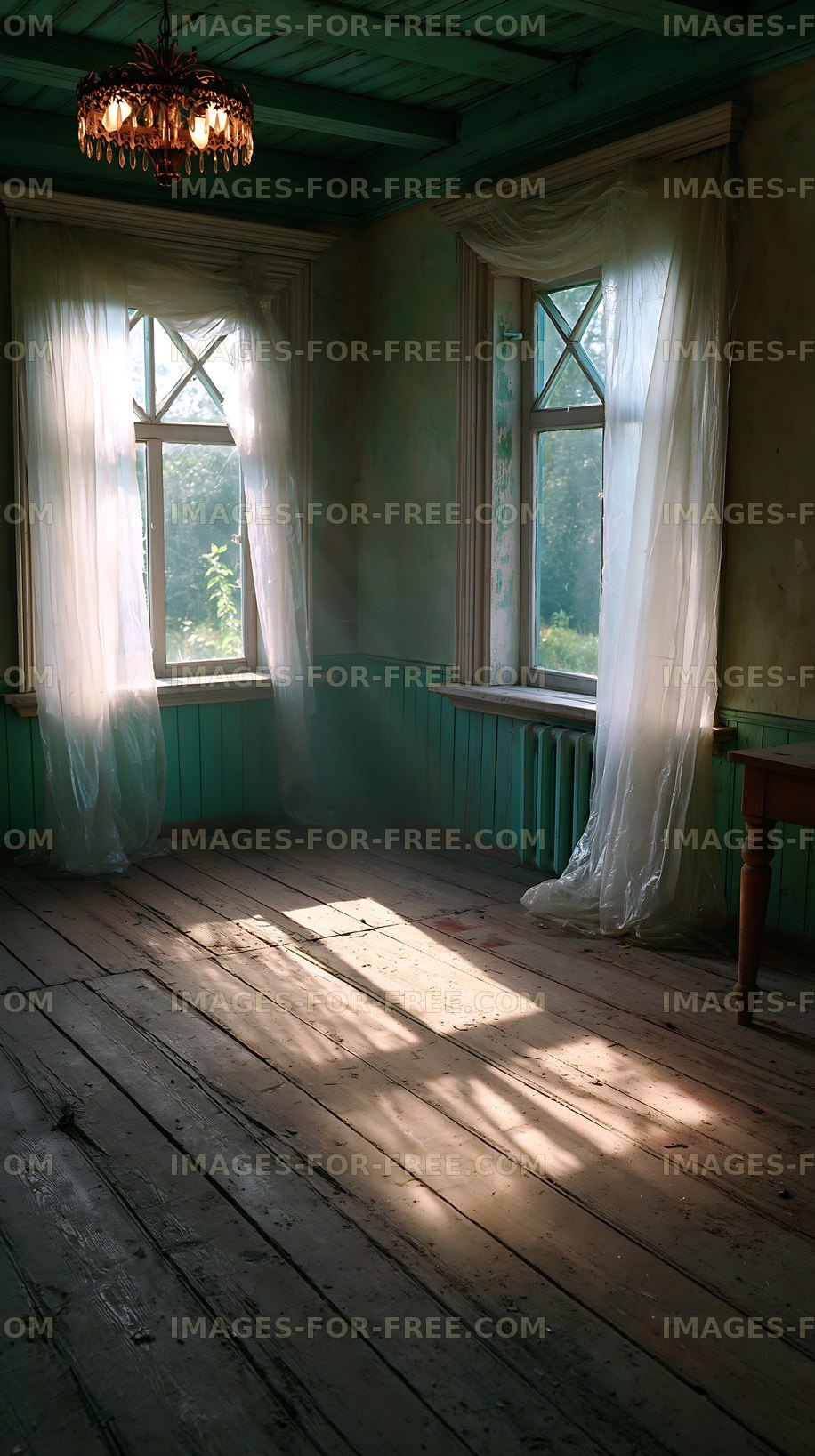 Light streams through windows in an empty room with wooden floor