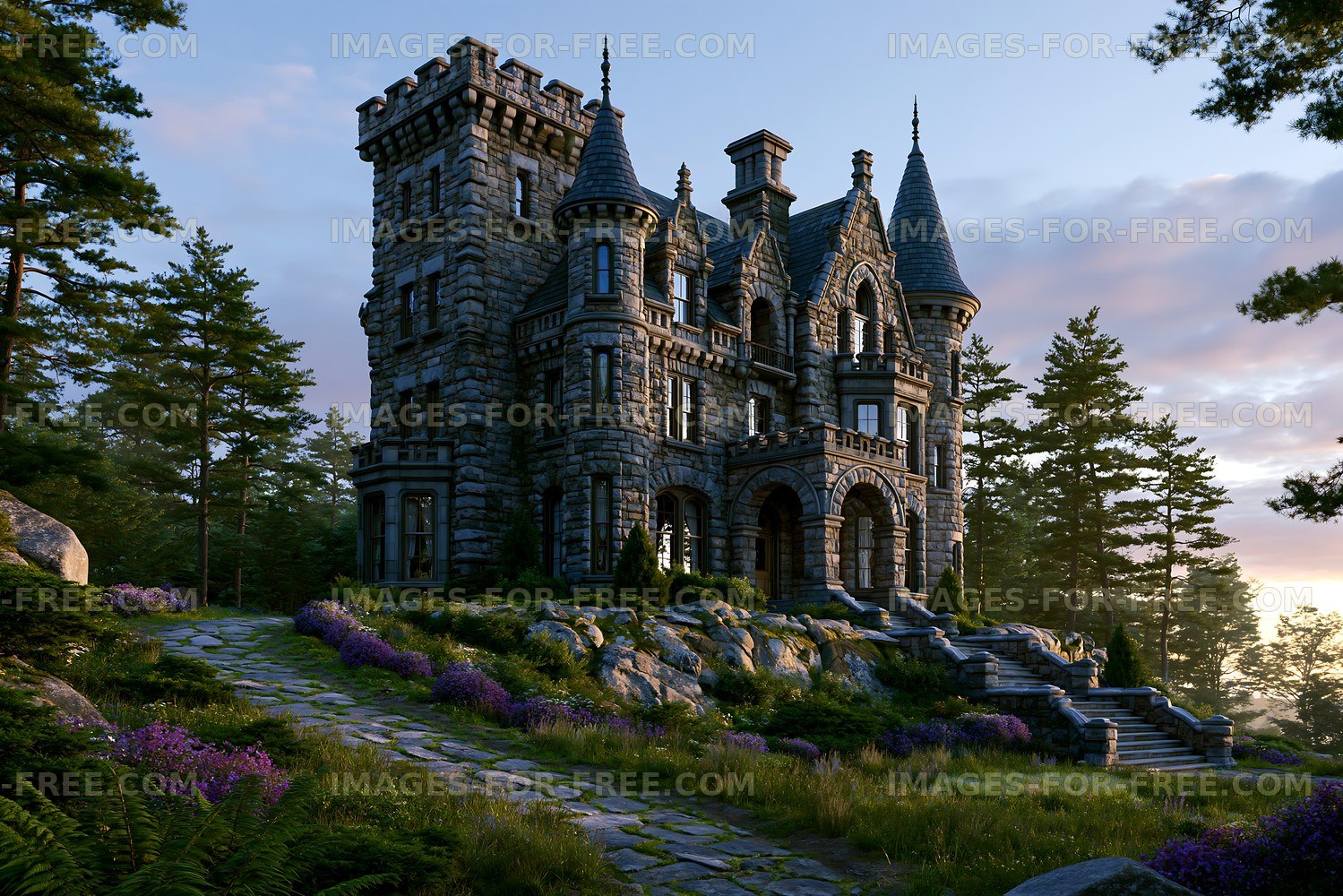 Historic stone castle surrounded by trees and flowers at sunset