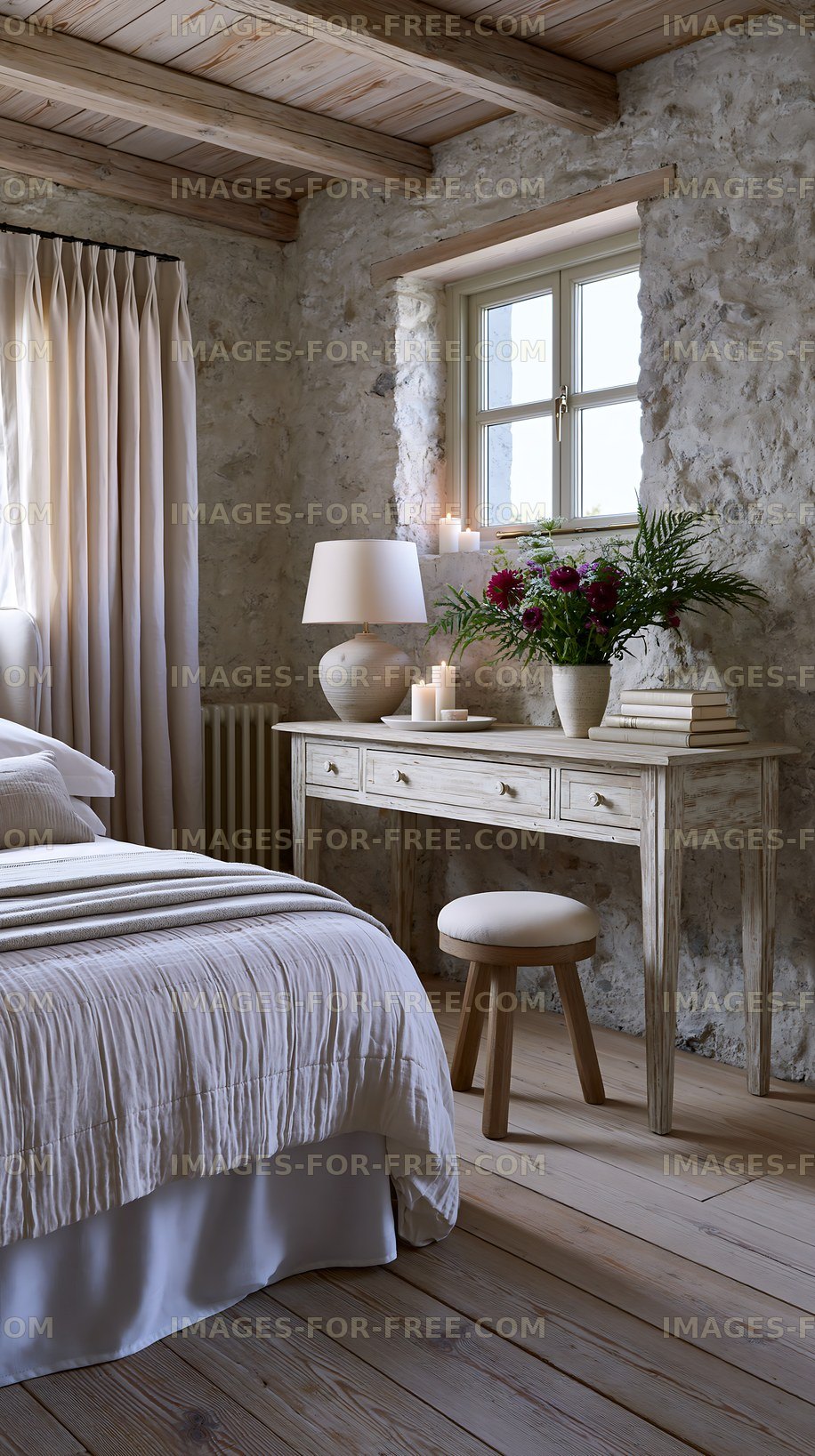 Rustic bedroom with wooden furniture and natural light