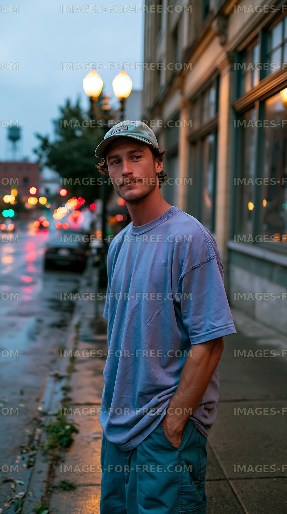 Young man standing on city sidewalk during evening