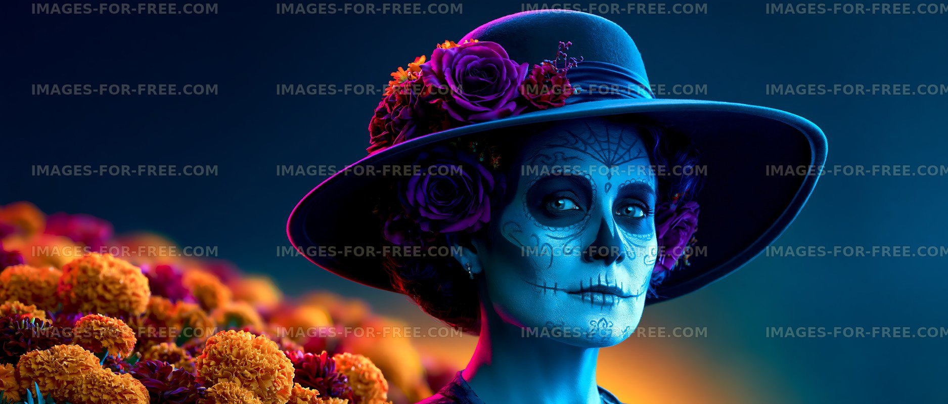 Woman with sugar skull makeup and flowers in a dramatic backdrop