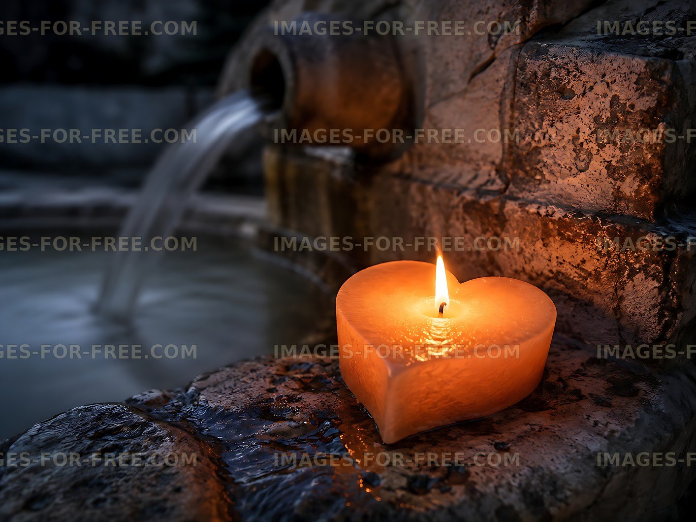 Heart-shaped candle beside water fountain at night