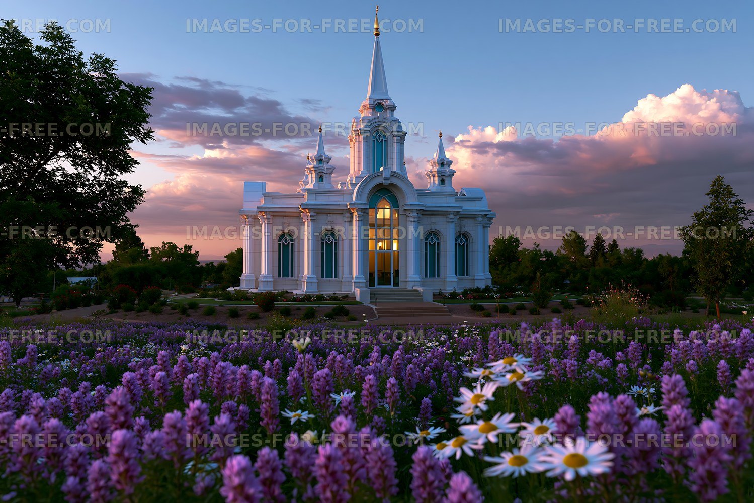 Colorful flowers in front of a white building during sunset