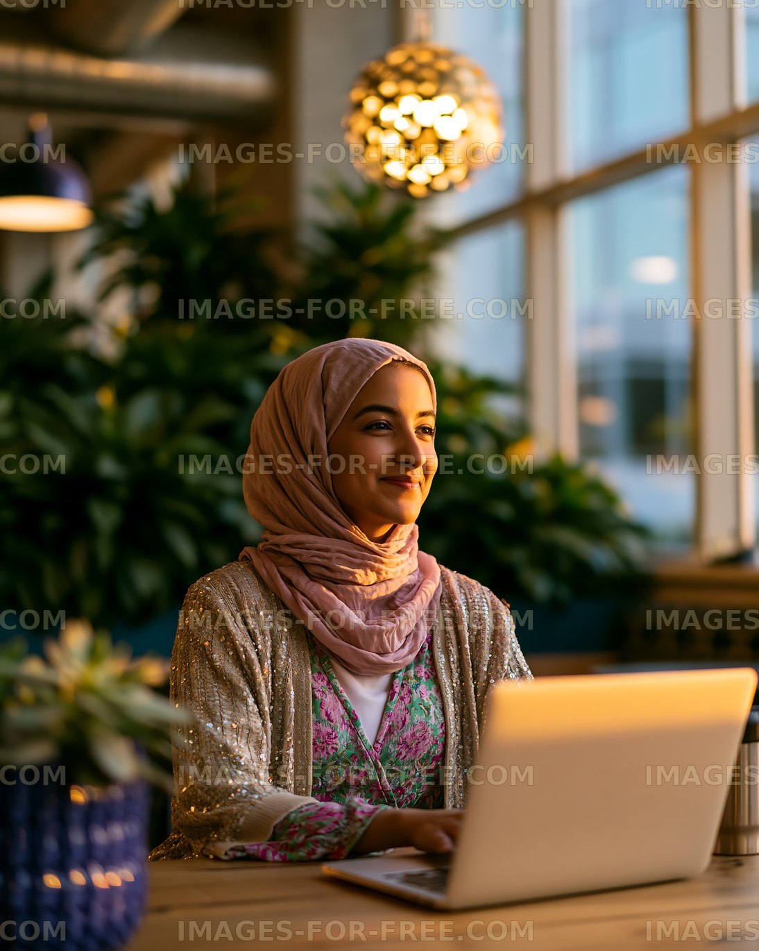Woman with laptop in a cafe during evening hours