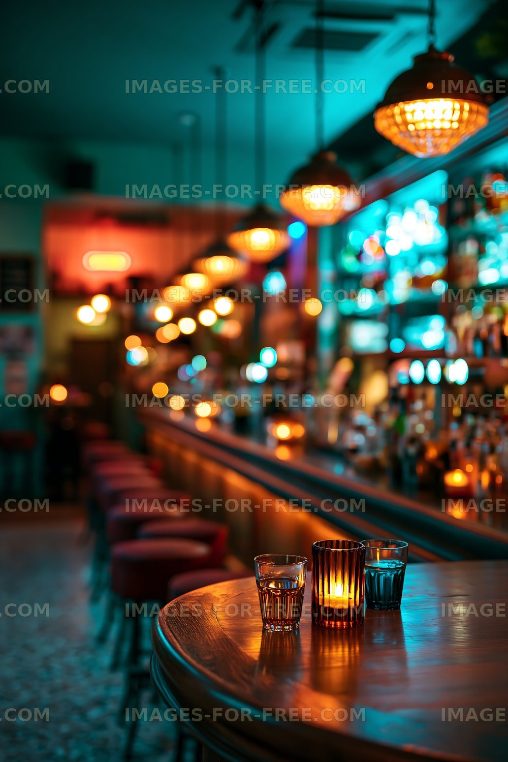 Bar interior with drinks and ambient lighting at night