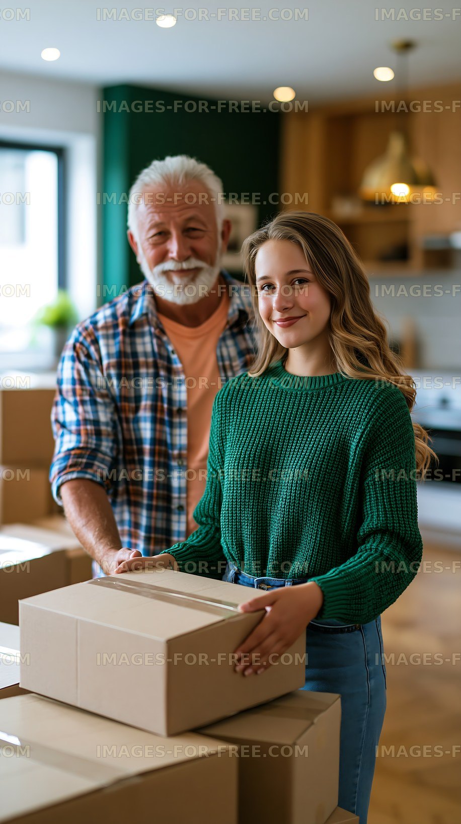 Grandfather and granddaughter packing boxes at home