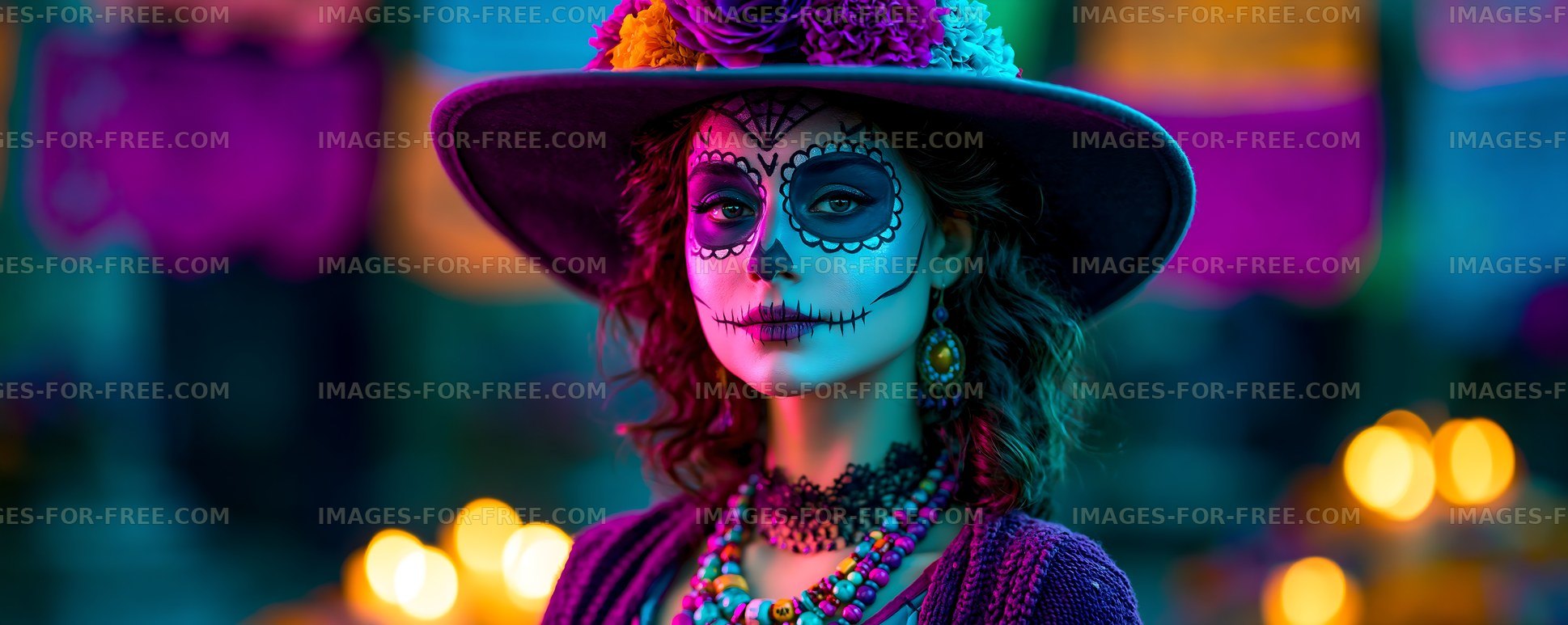 Woman with face paint during a themed event at night